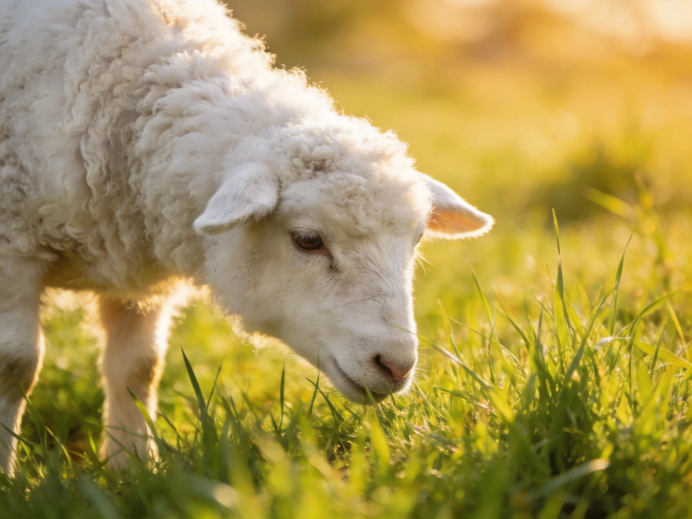 Fluffy white lamb grazing in sunlit green meadow
