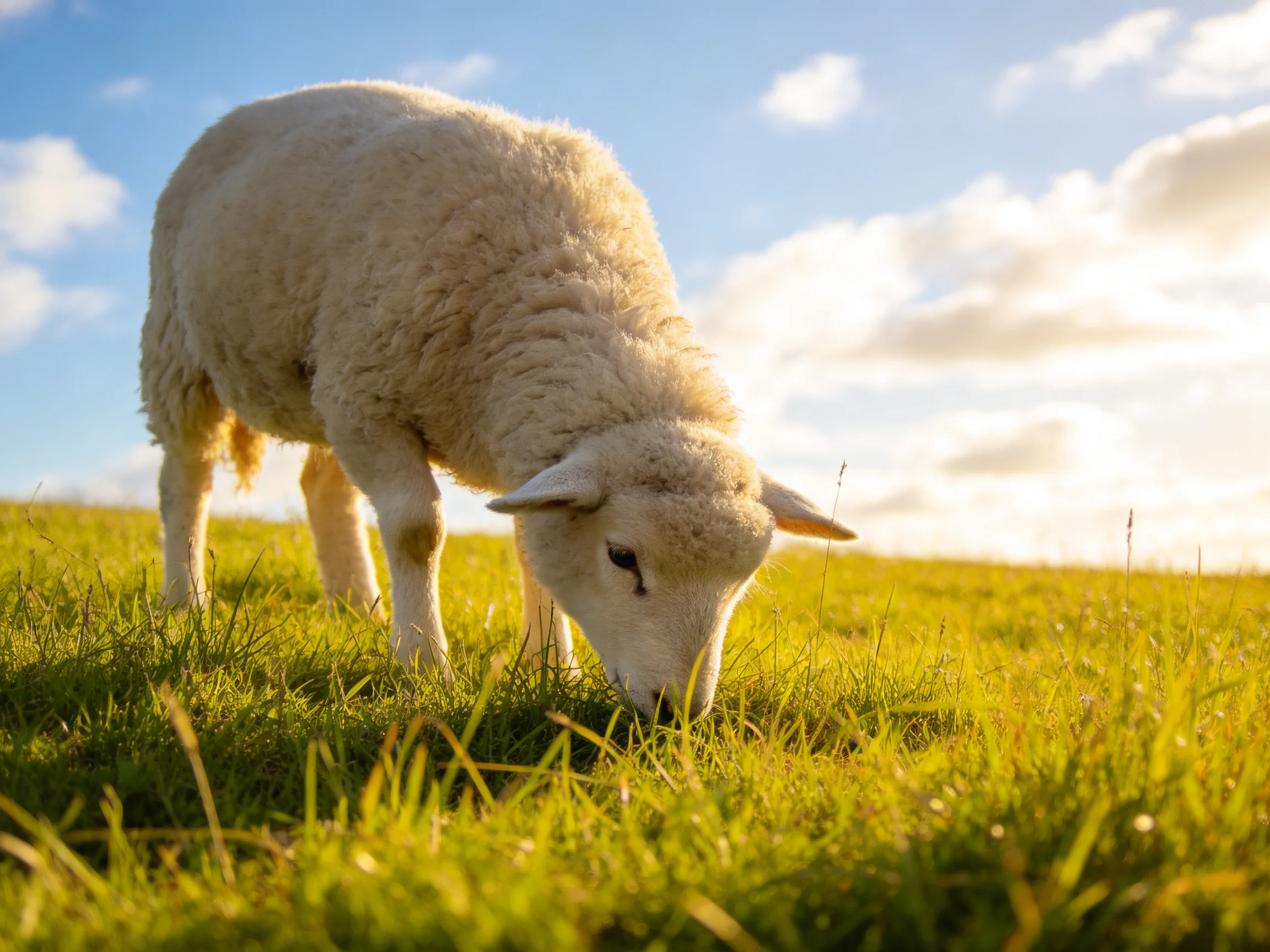 Fluffy white lamb grazing in sunlit green meadow