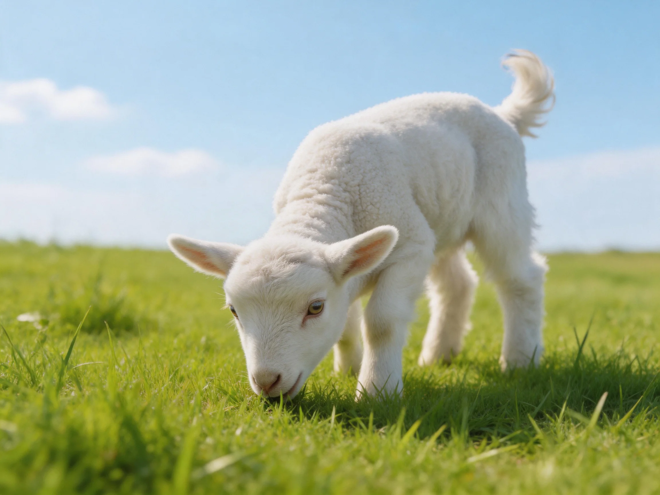 Fluffy white lamb grazing in sunny green meadow