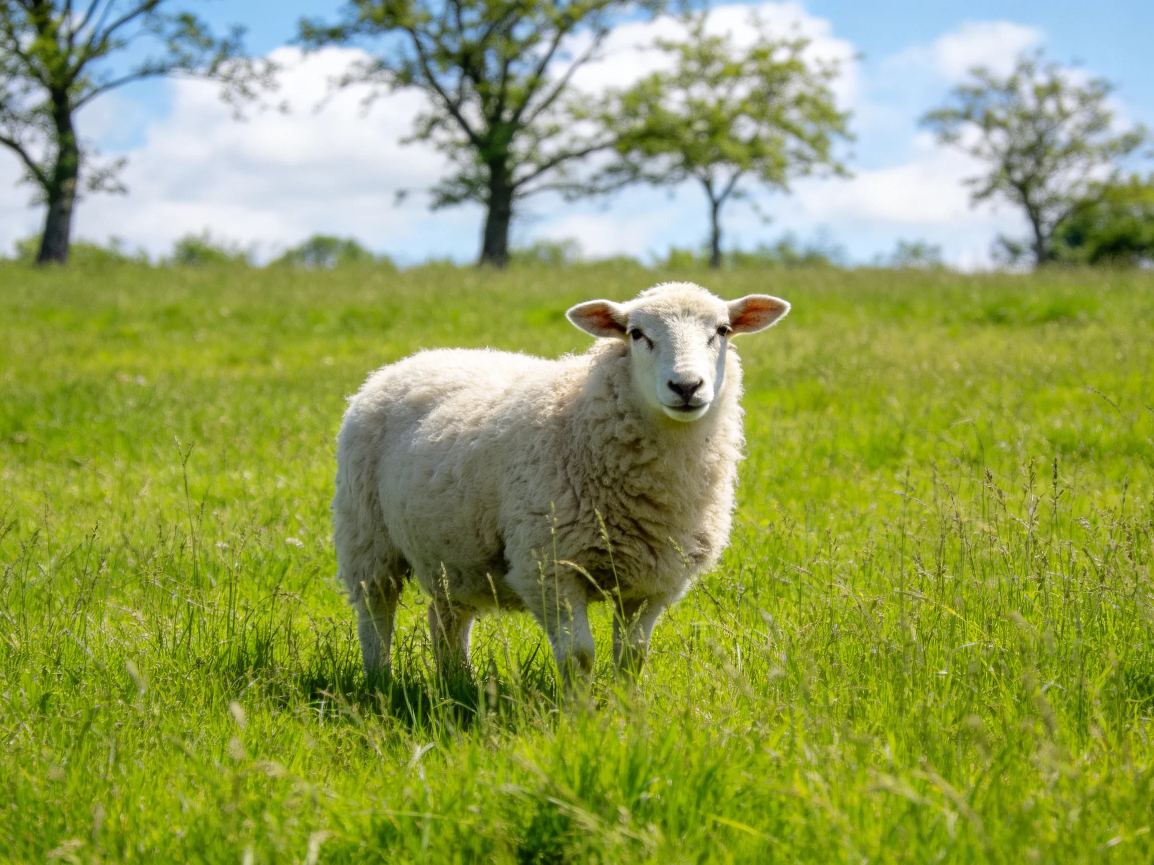 A single white lamb stands in a sunlit, grassy meadow near scattered trees.