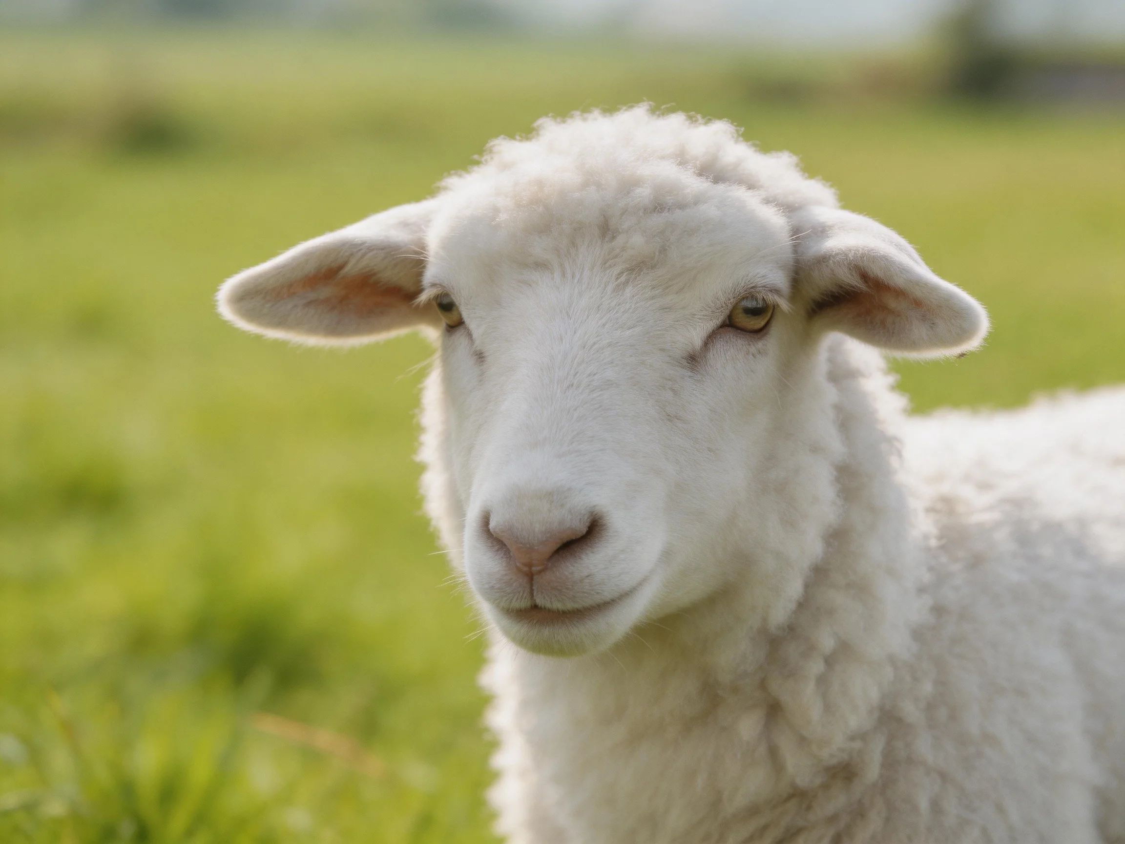 A close - up of a white lamb in a green field.
