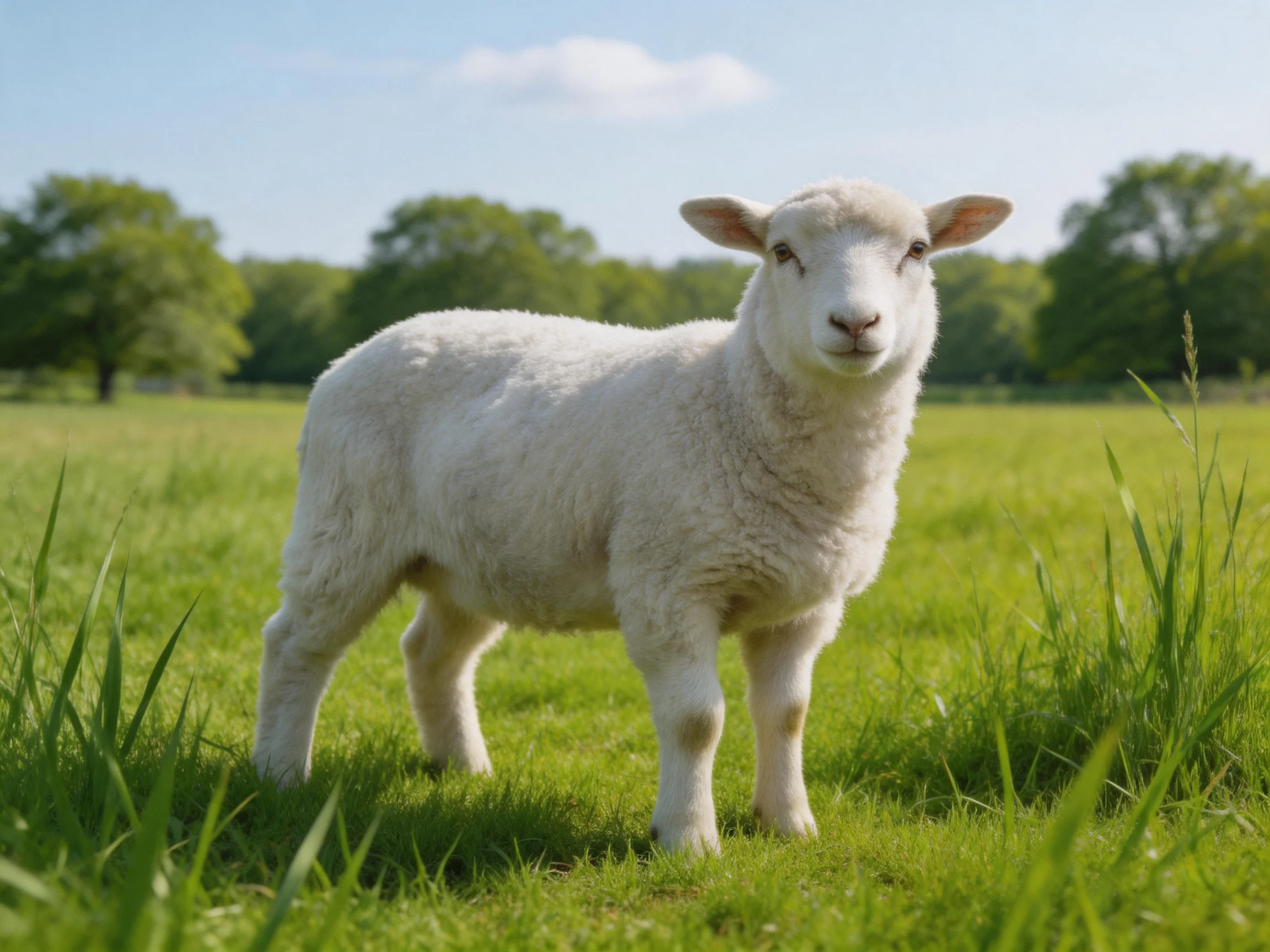 Fluffy white lamb in a sun-drenched green pasture