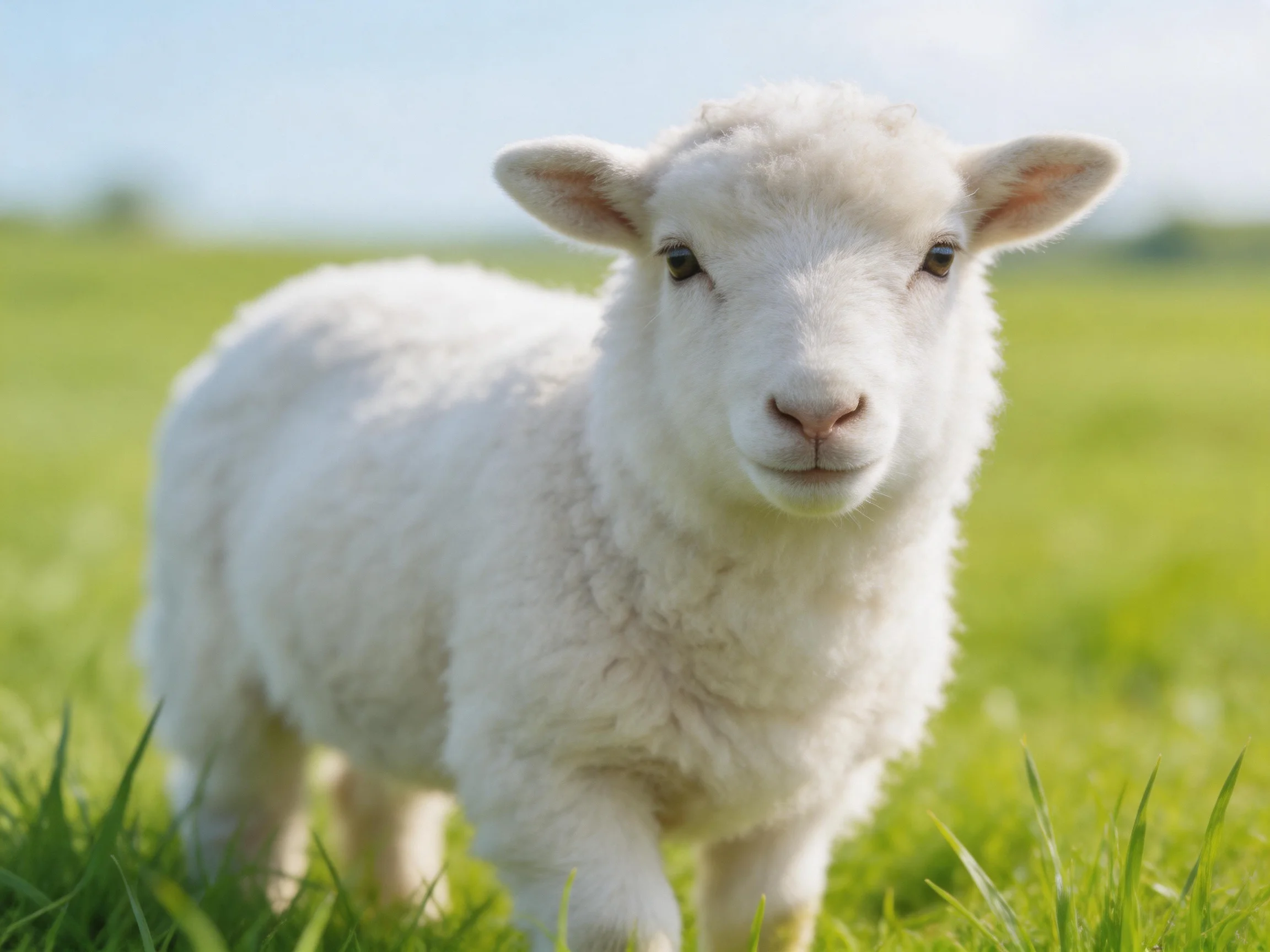 A fluffy white lamb stands in a sunlit green meadow.