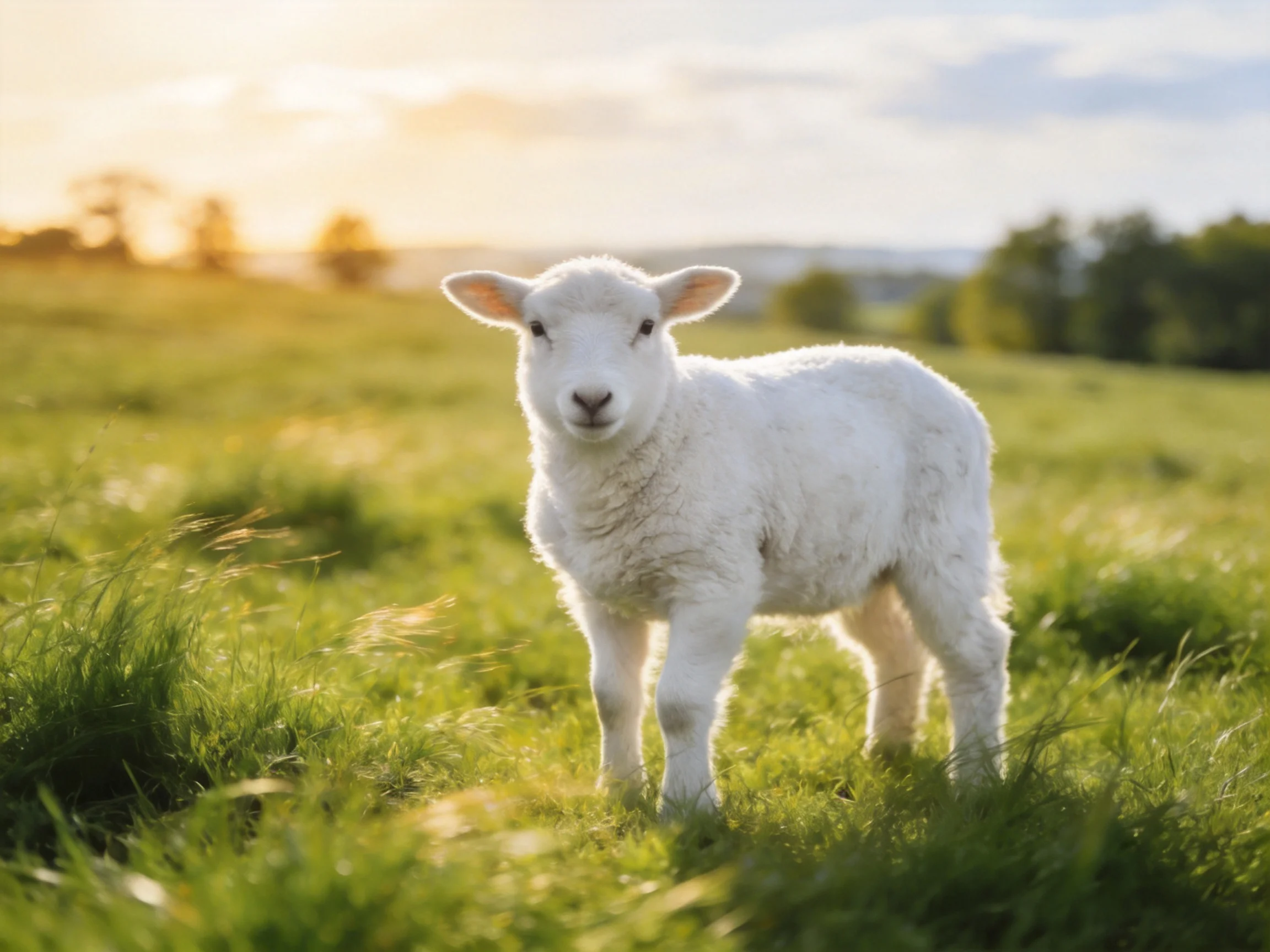 Fluffy white lamb in a sunlit green meadow