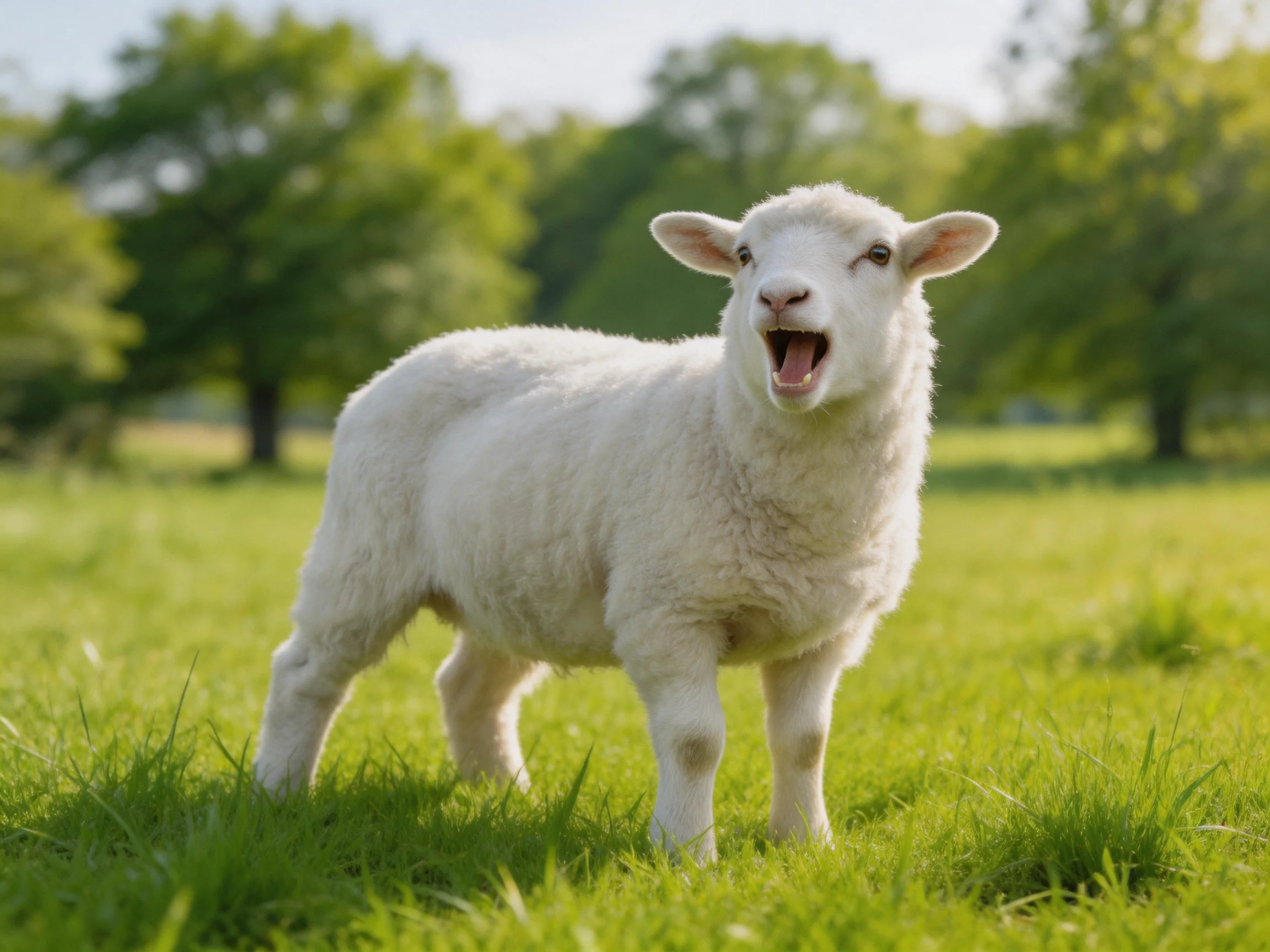A fluffy white lamb stands in a sunlit meadow near trees.