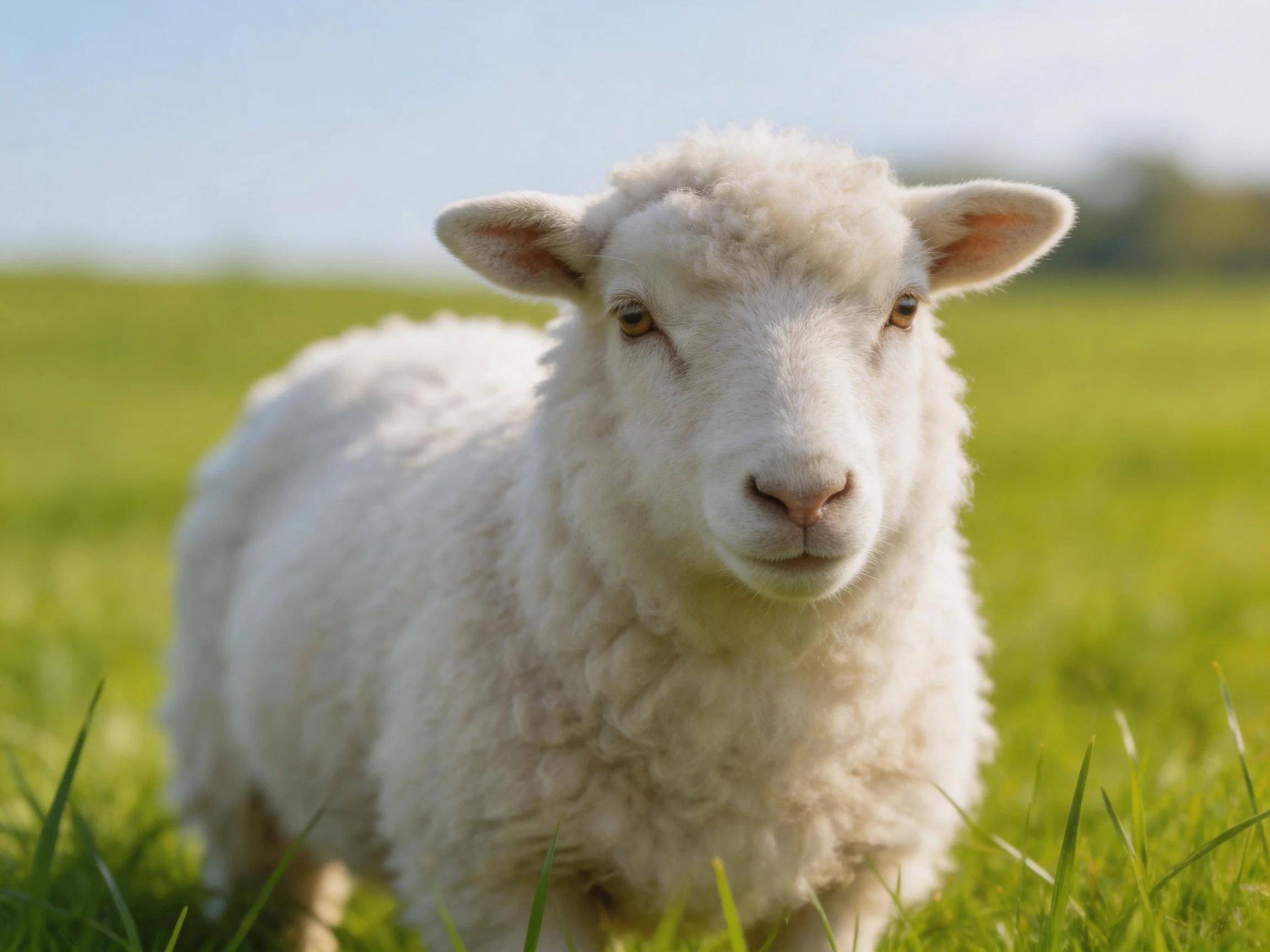 Fluffy white lamb stands in a sunlit green pasture.