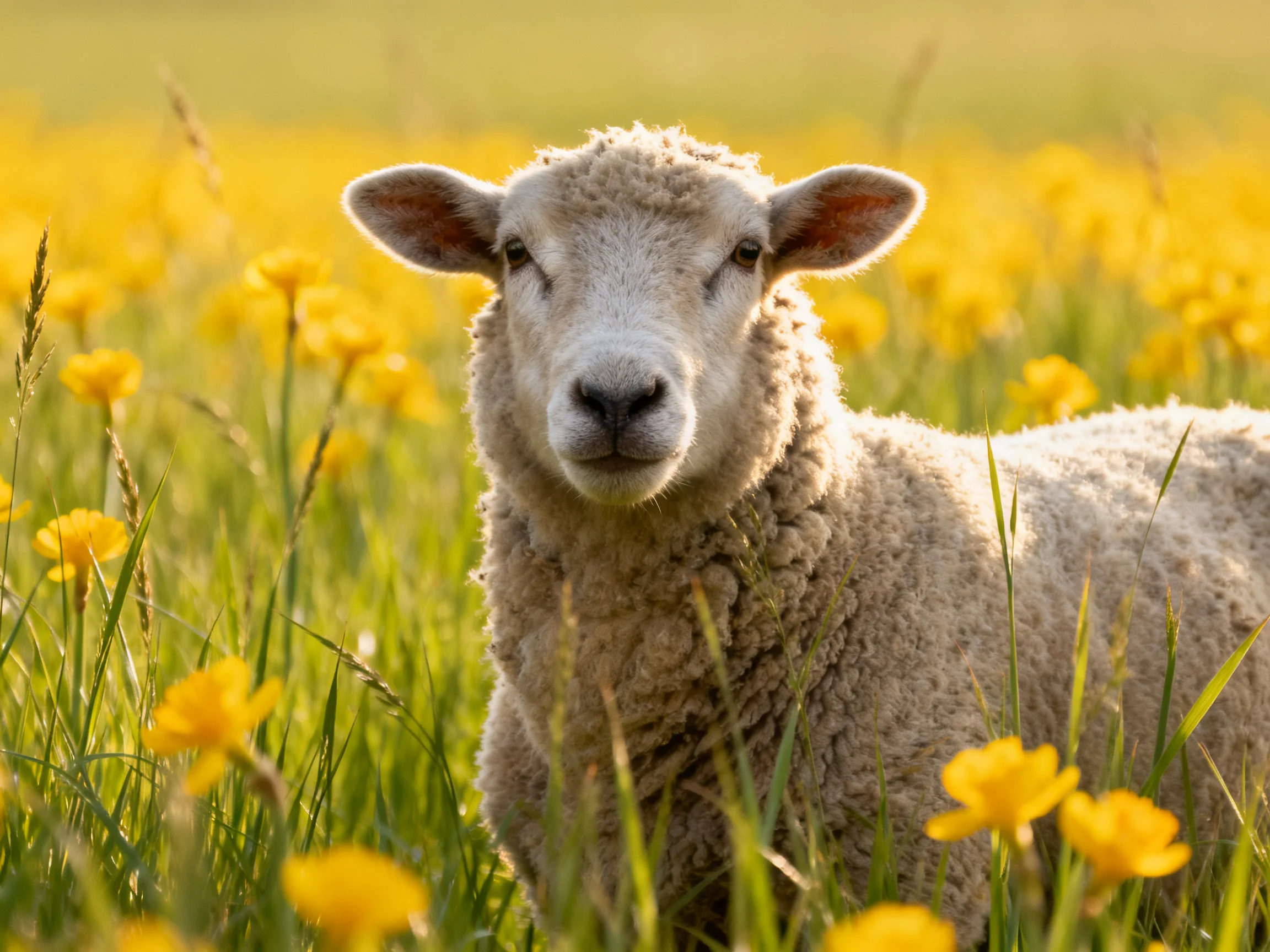 Fluffy white lamb in a sunlit meadow of yellow wildflowers