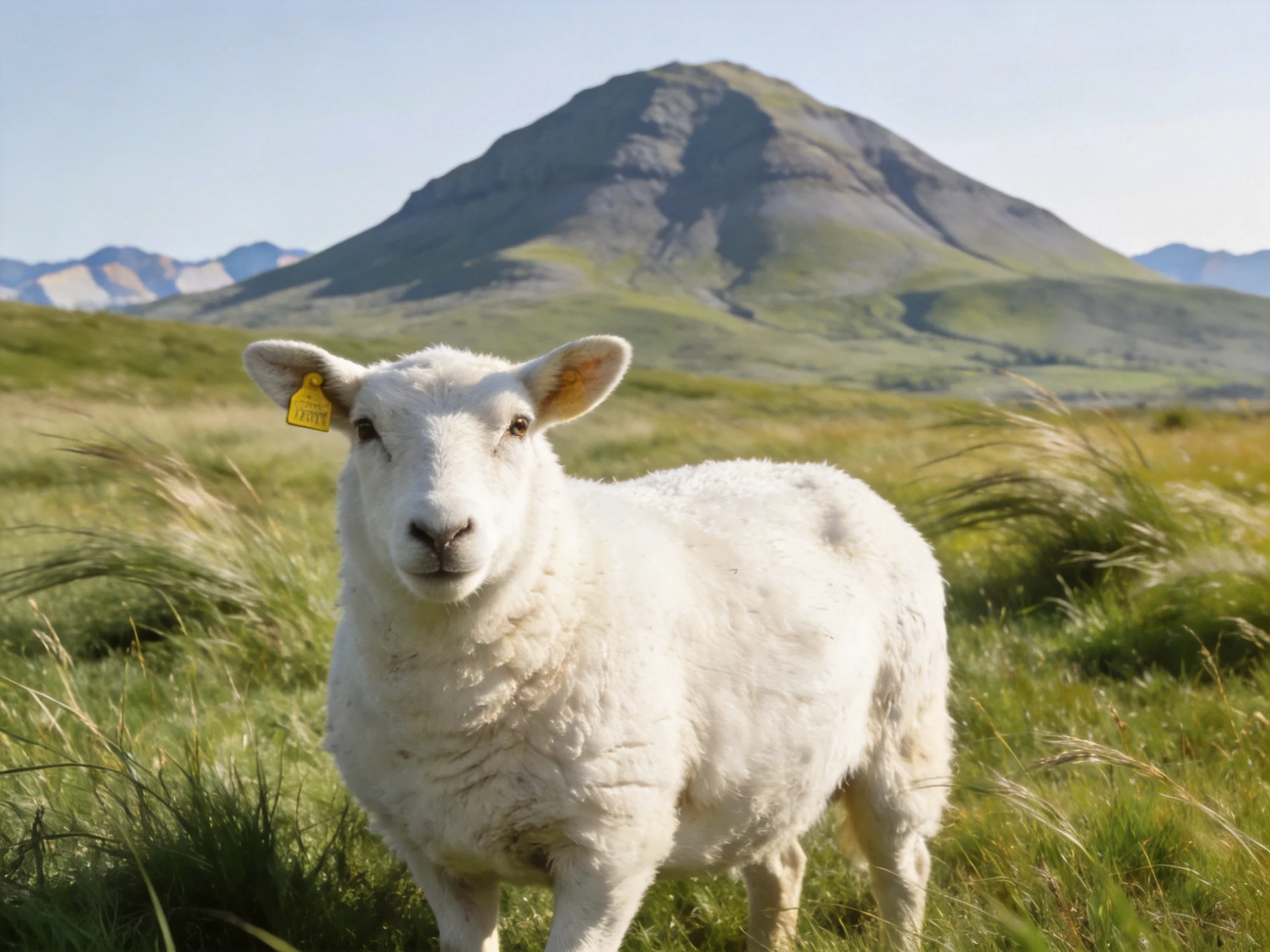 Fluffy white lamb in green meadow near gray mountain