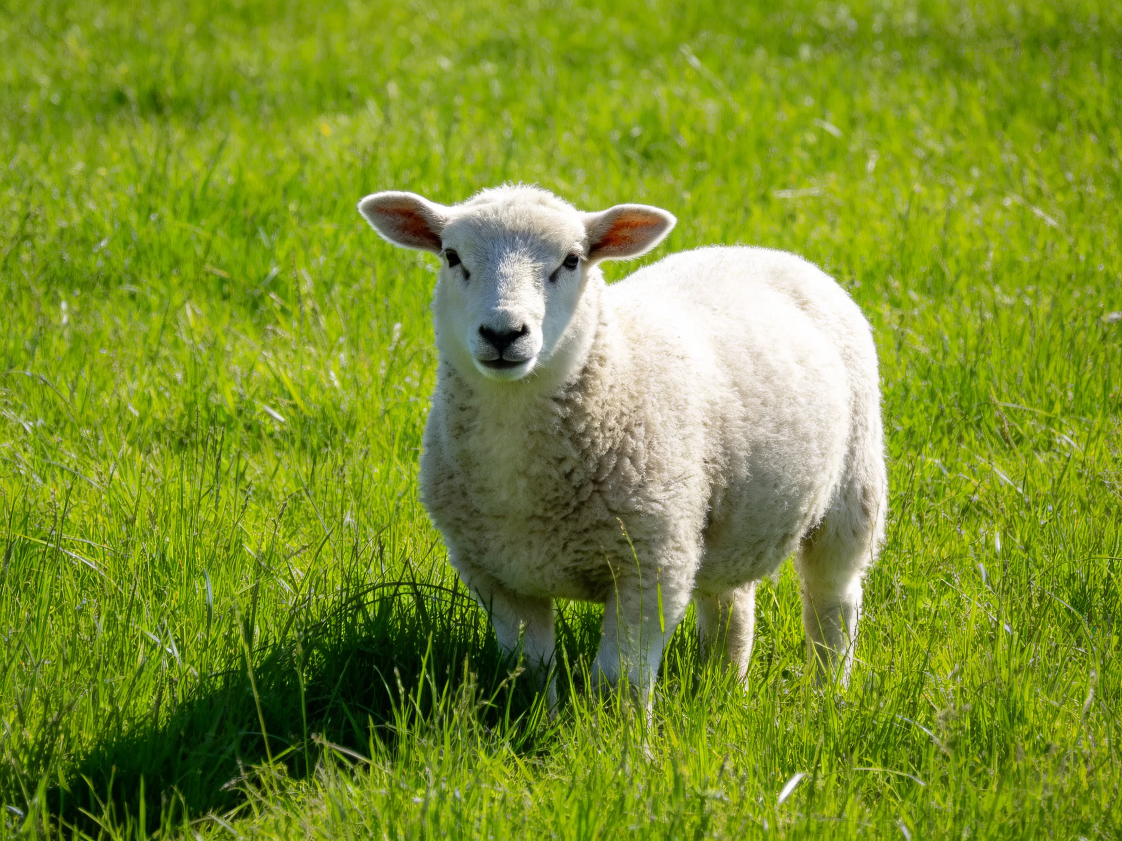 A white lamb stands in a field of tall green grass.