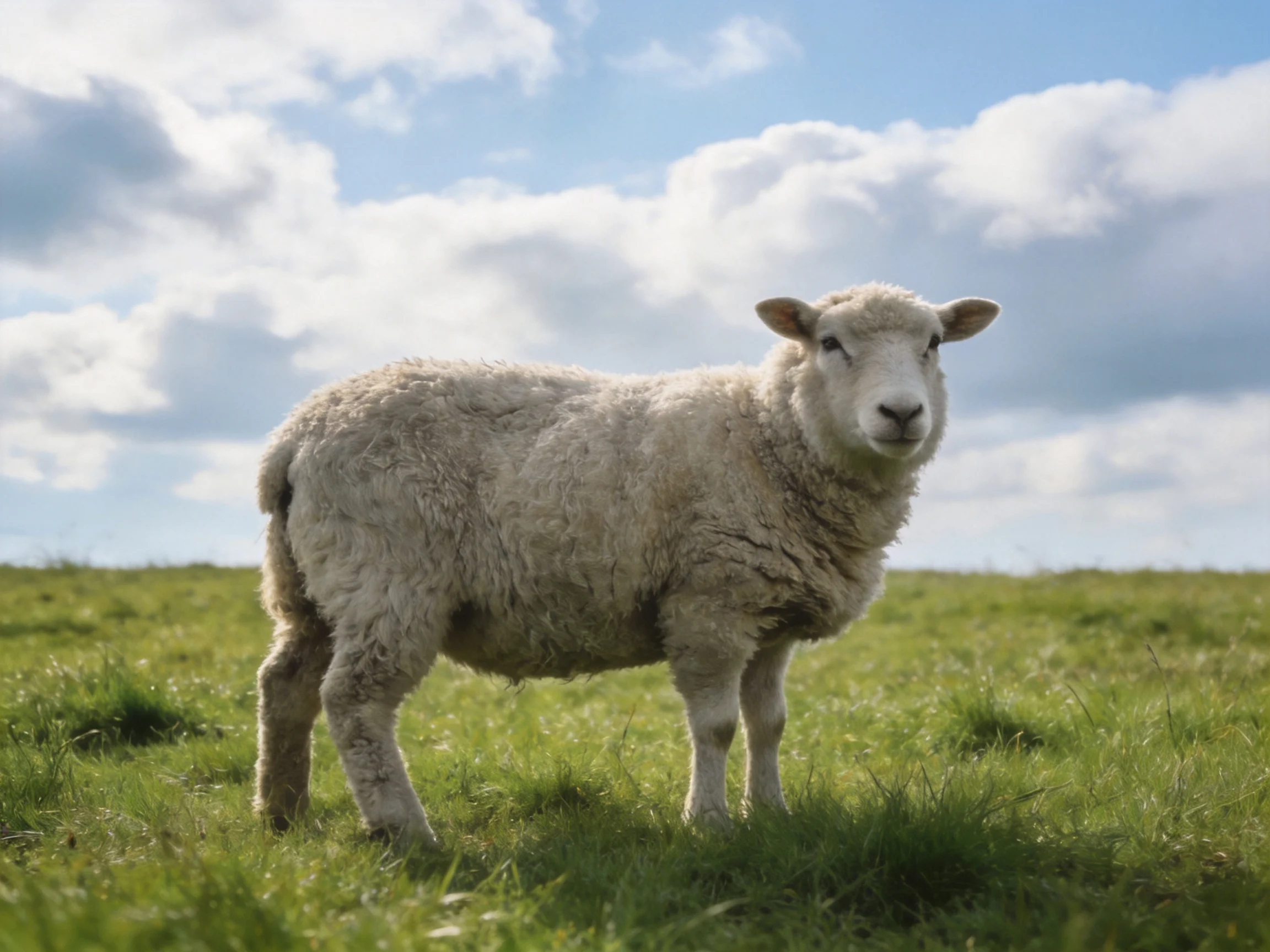 Fluffy white lamb in lush green meadow under bright blue sky