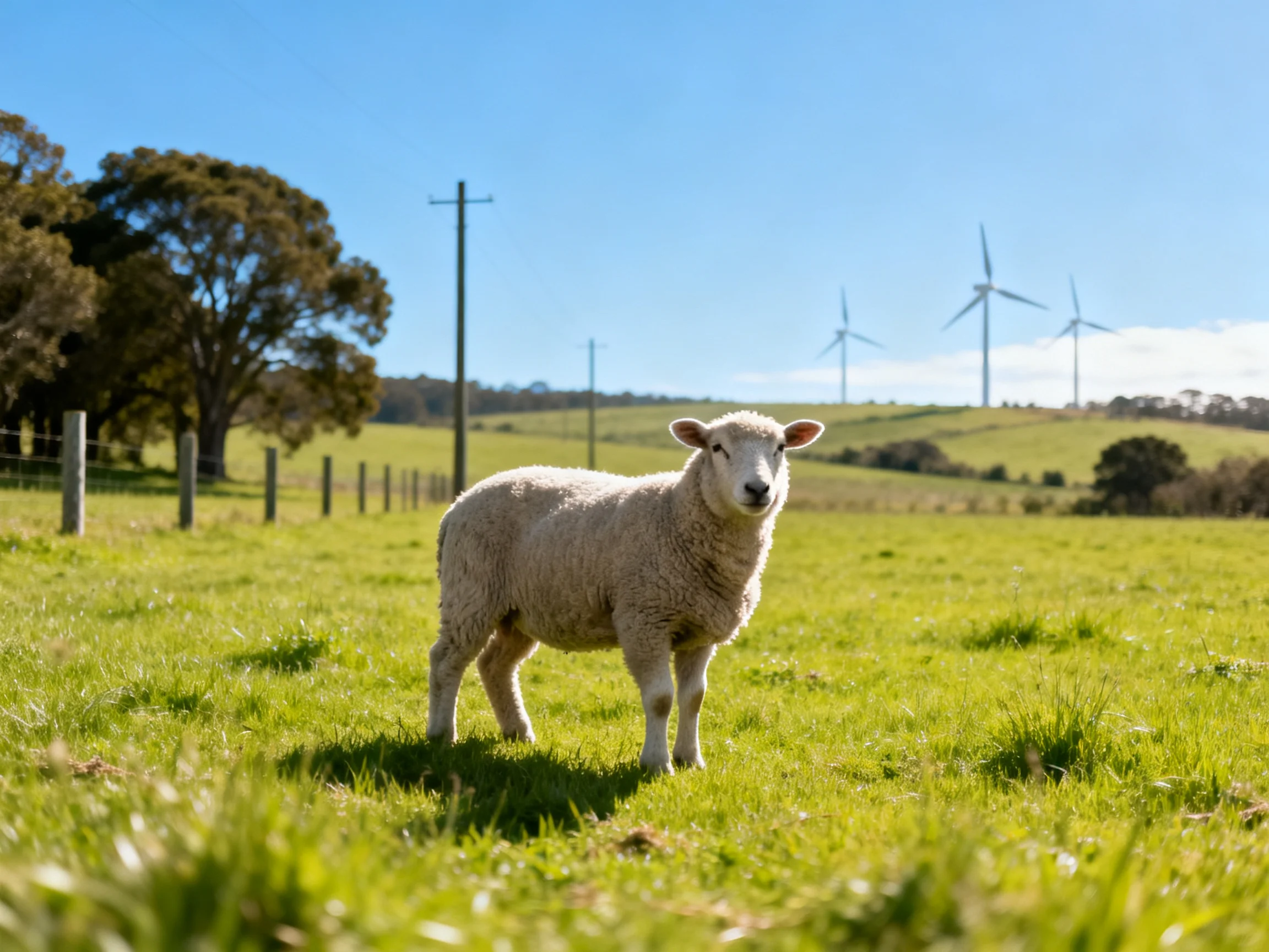 Fluffy white lamb in sunlit green pasture with wind turbines