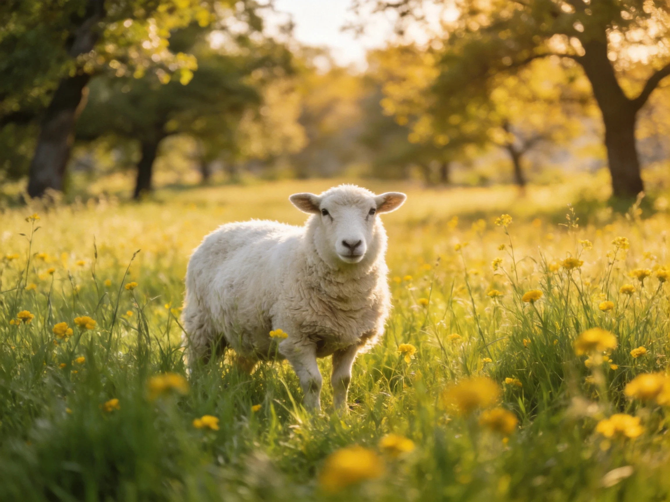 Fluffy white lamb in sunlit meadow with yellow wildflowers