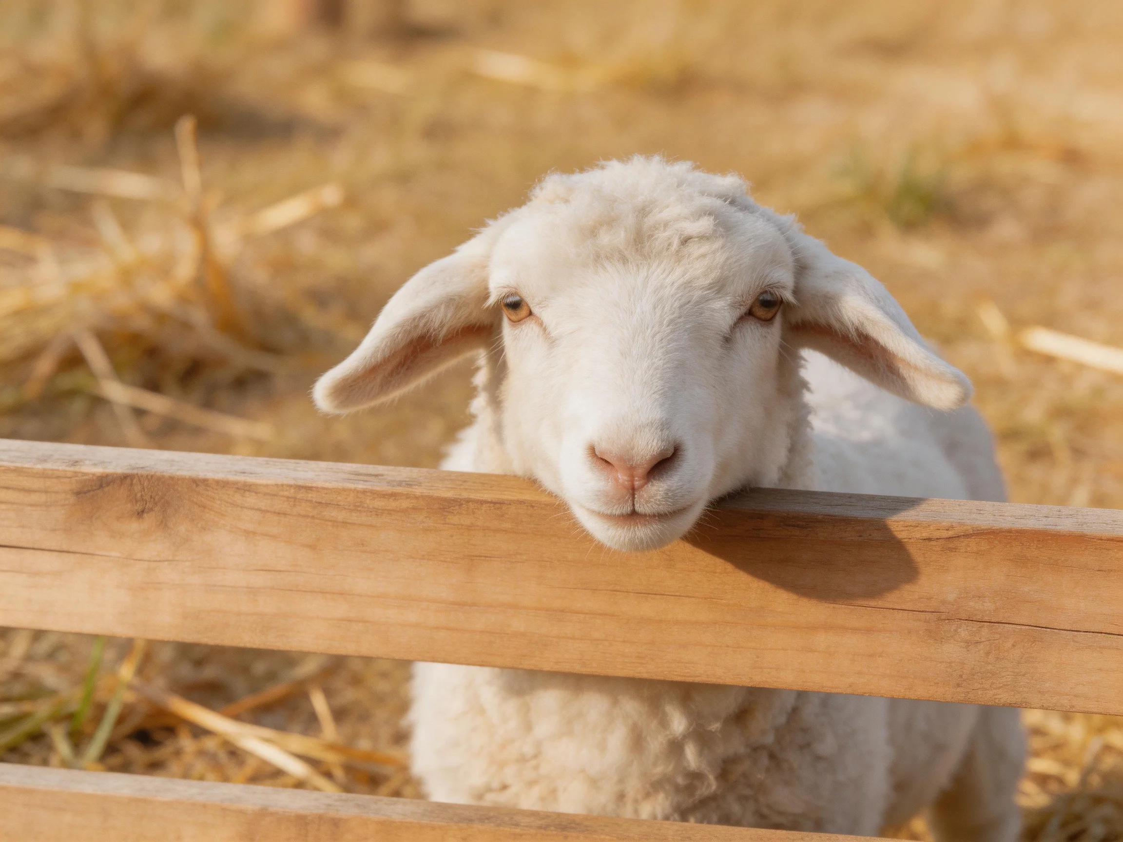 Fluffy white lamb leaning over wooden fence in golden straw field