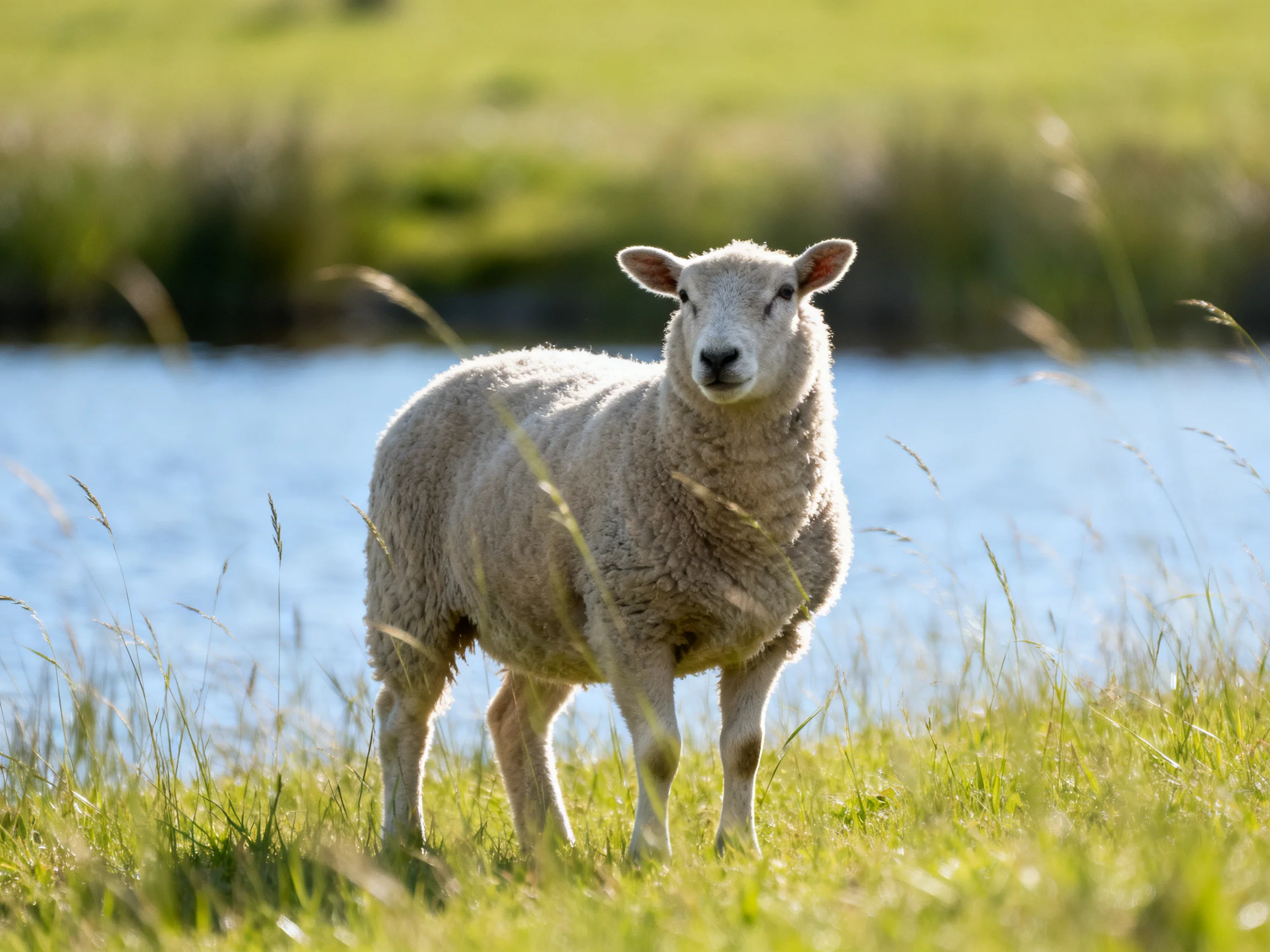 A fluffy white lamb stands near calm water with green surroundings.