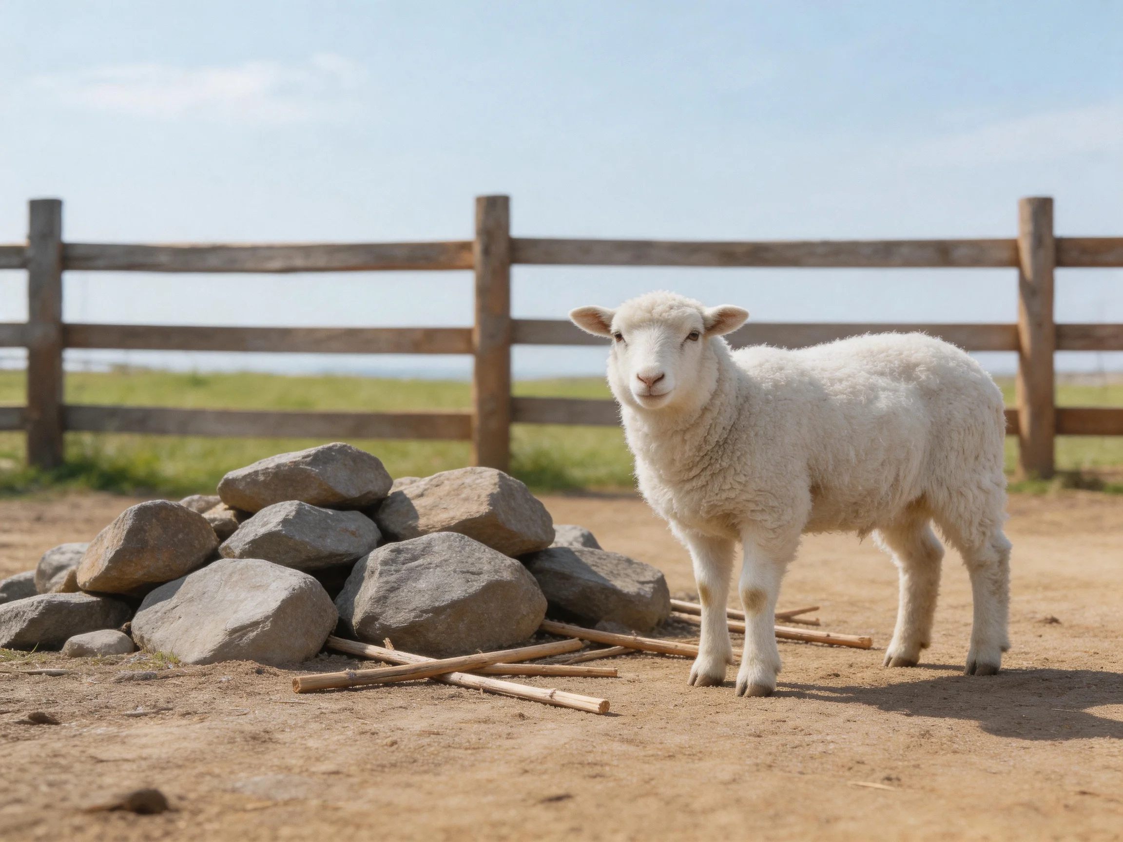 A white lamb stands near rocks and a wooden fence outdoors.