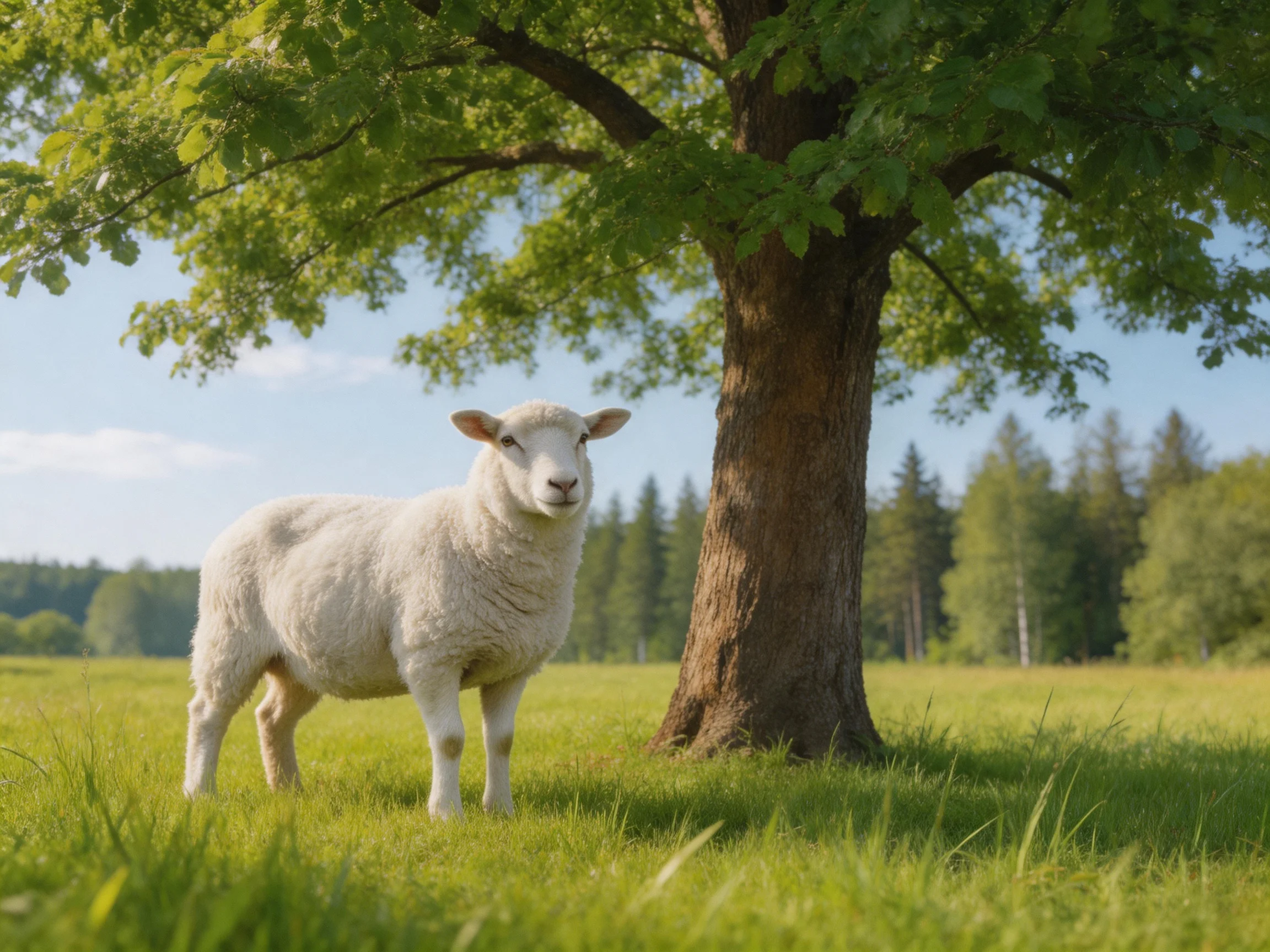 A white lamb stands beside a big tree in a sunlit meadow.