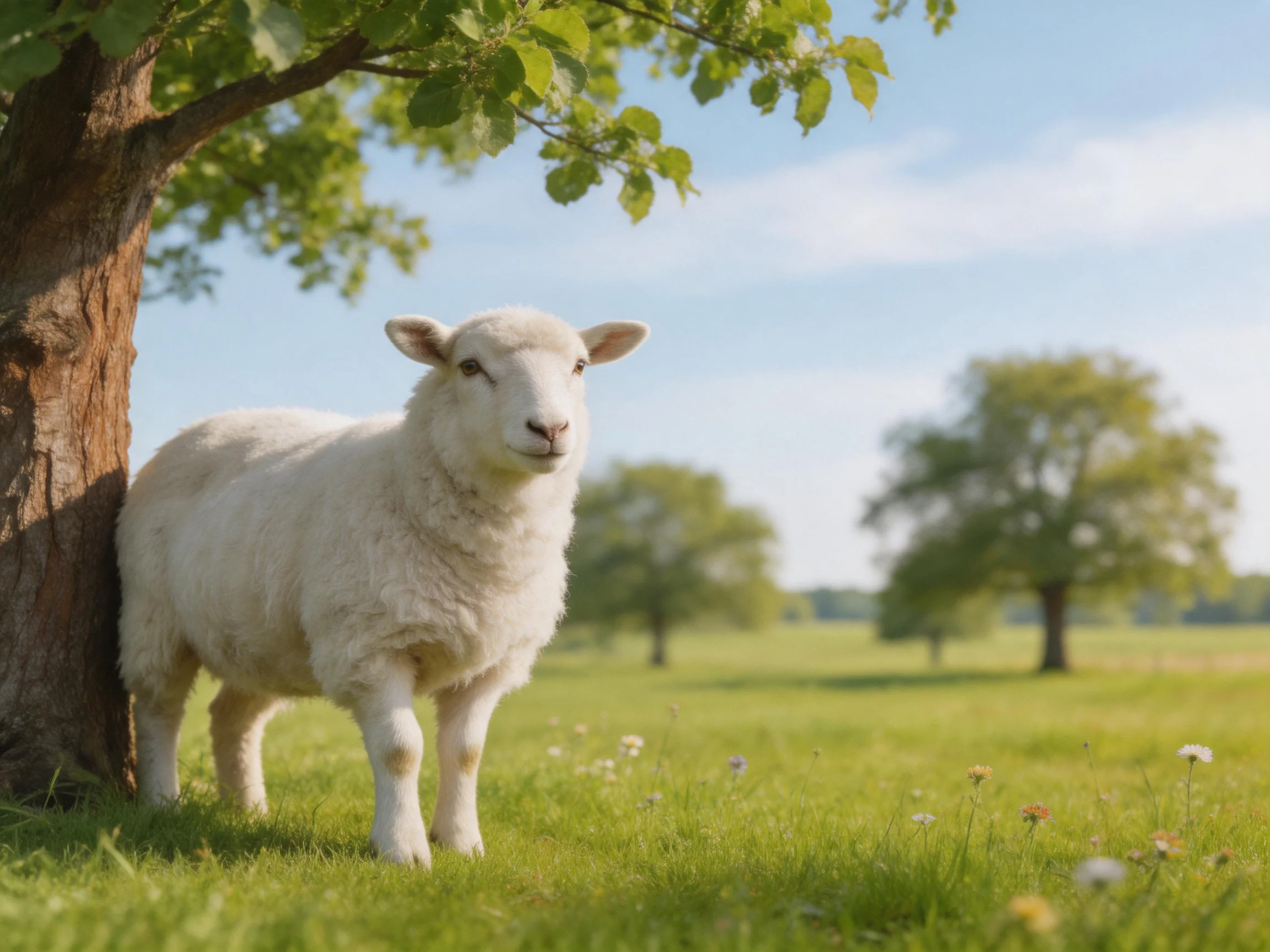 White lamb stands by tree in sunlit meadow