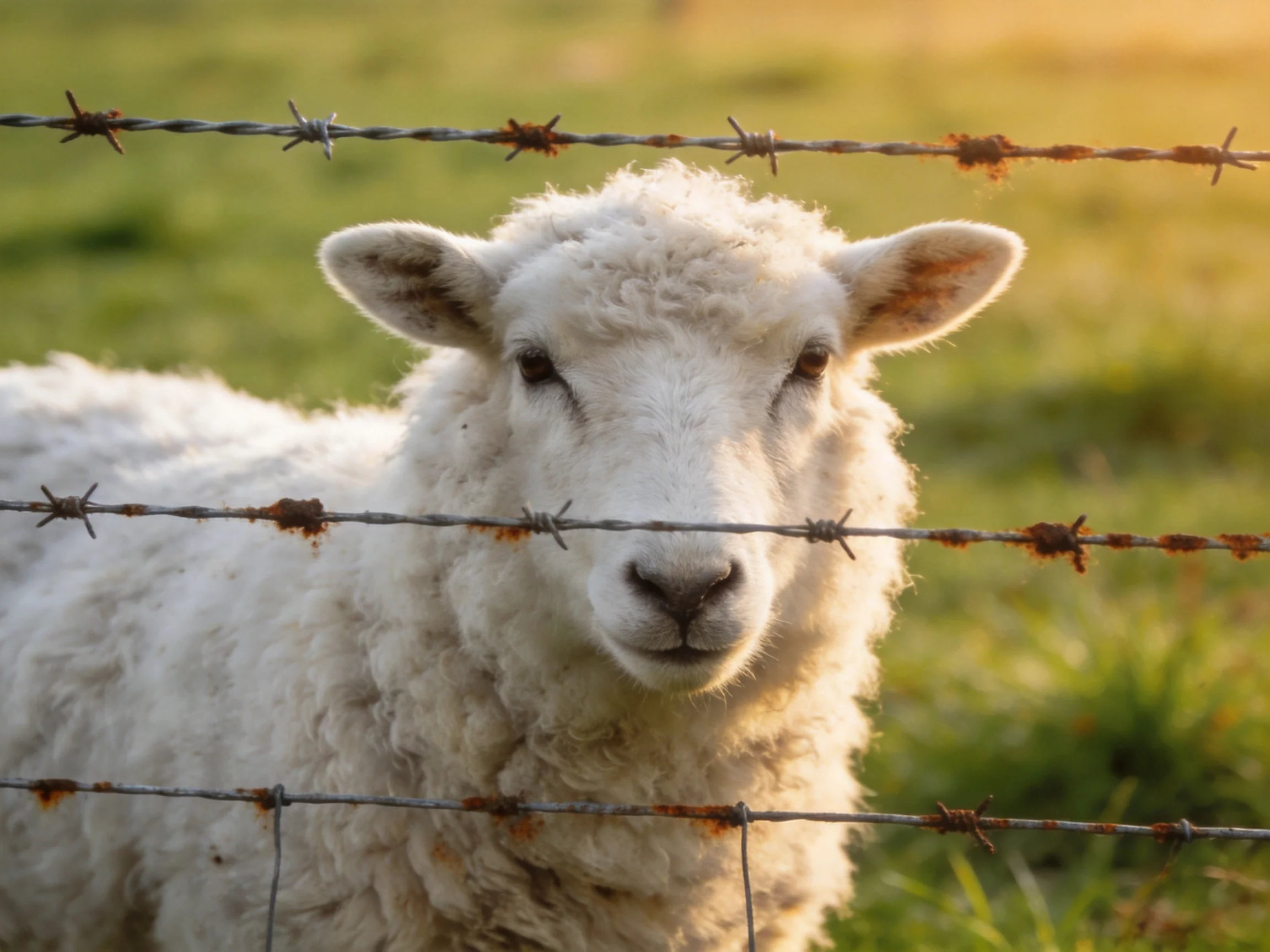 Fluffy white lamb near rusty barbed wire in sunlit meadow