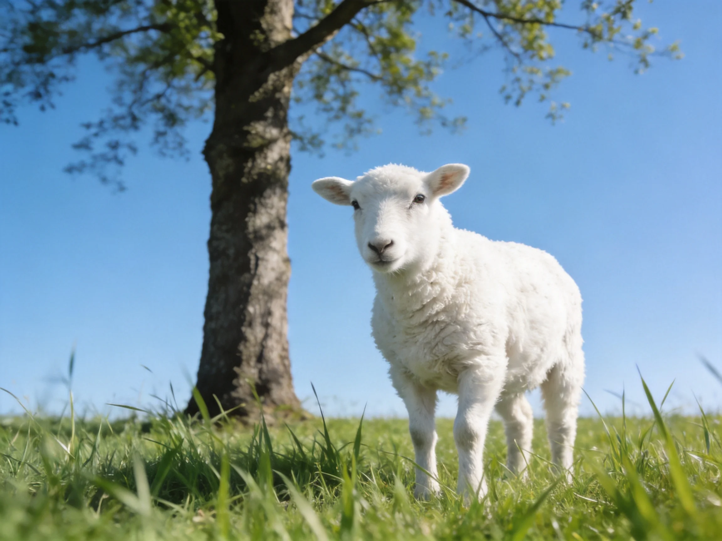 Fluffy white lamb near tall tree in sunny meadow