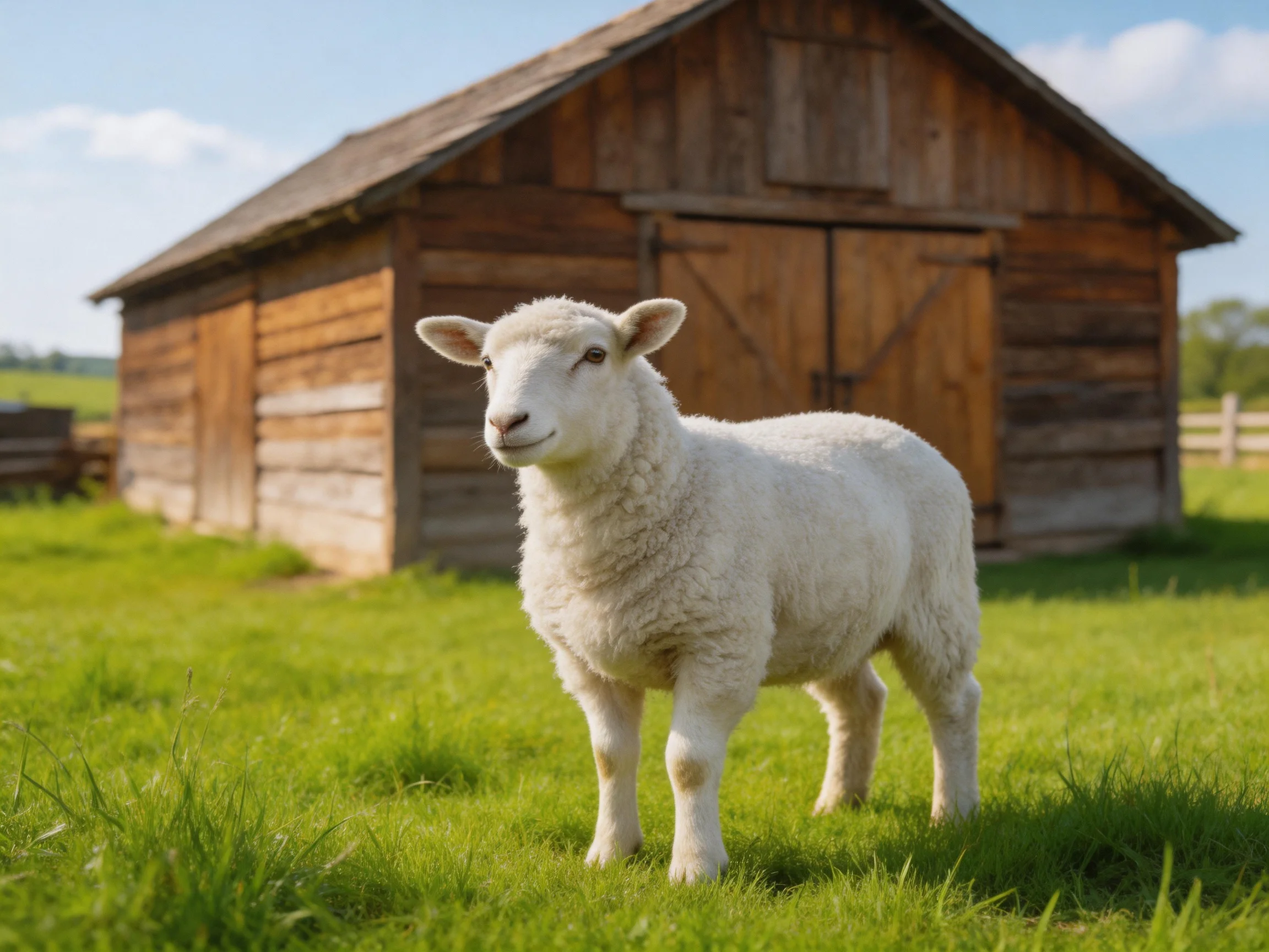 Fluffy white lamb near weathered barn on sunny pasture