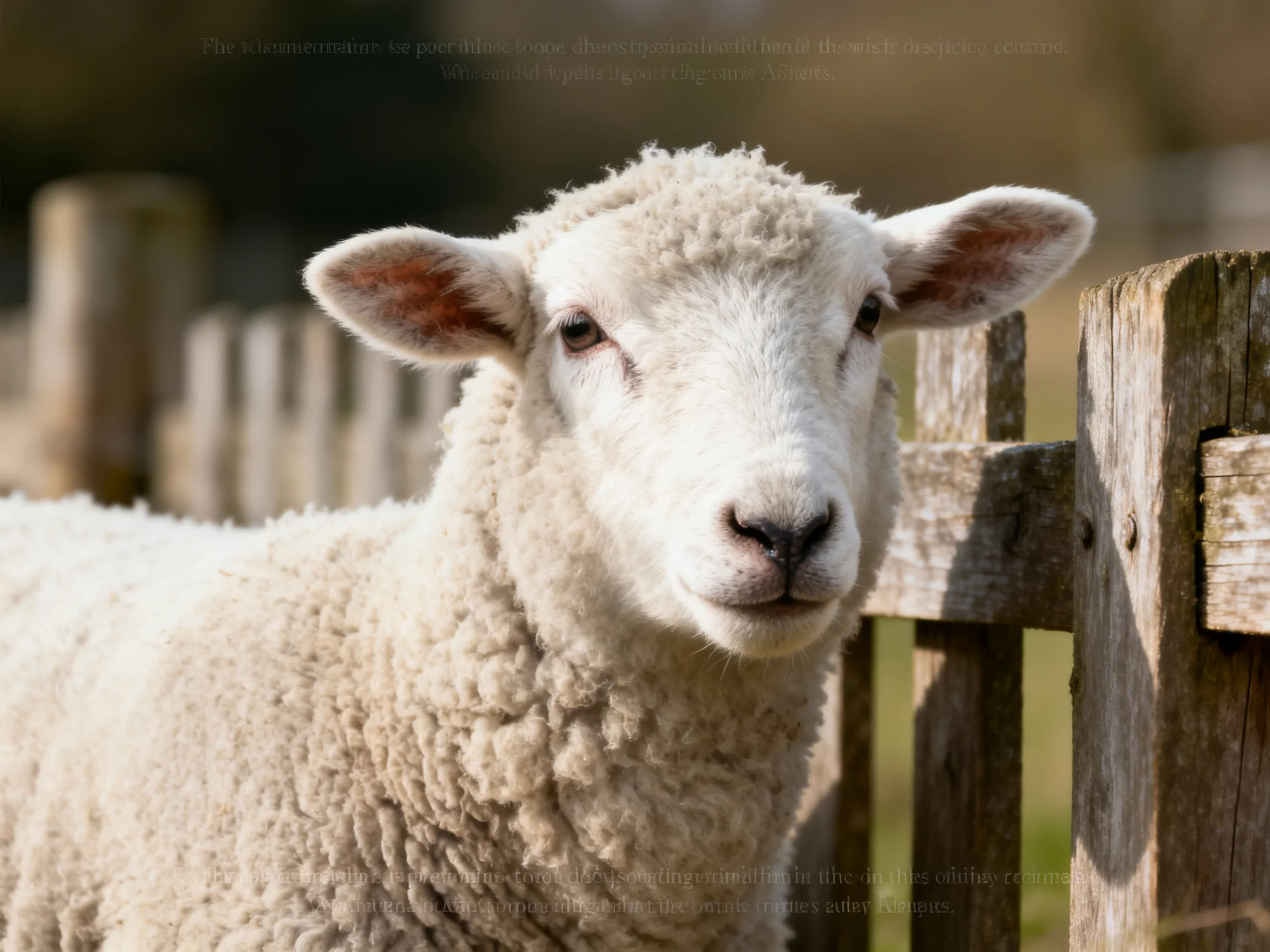 Fluffy white lamb near weathered wooden fence