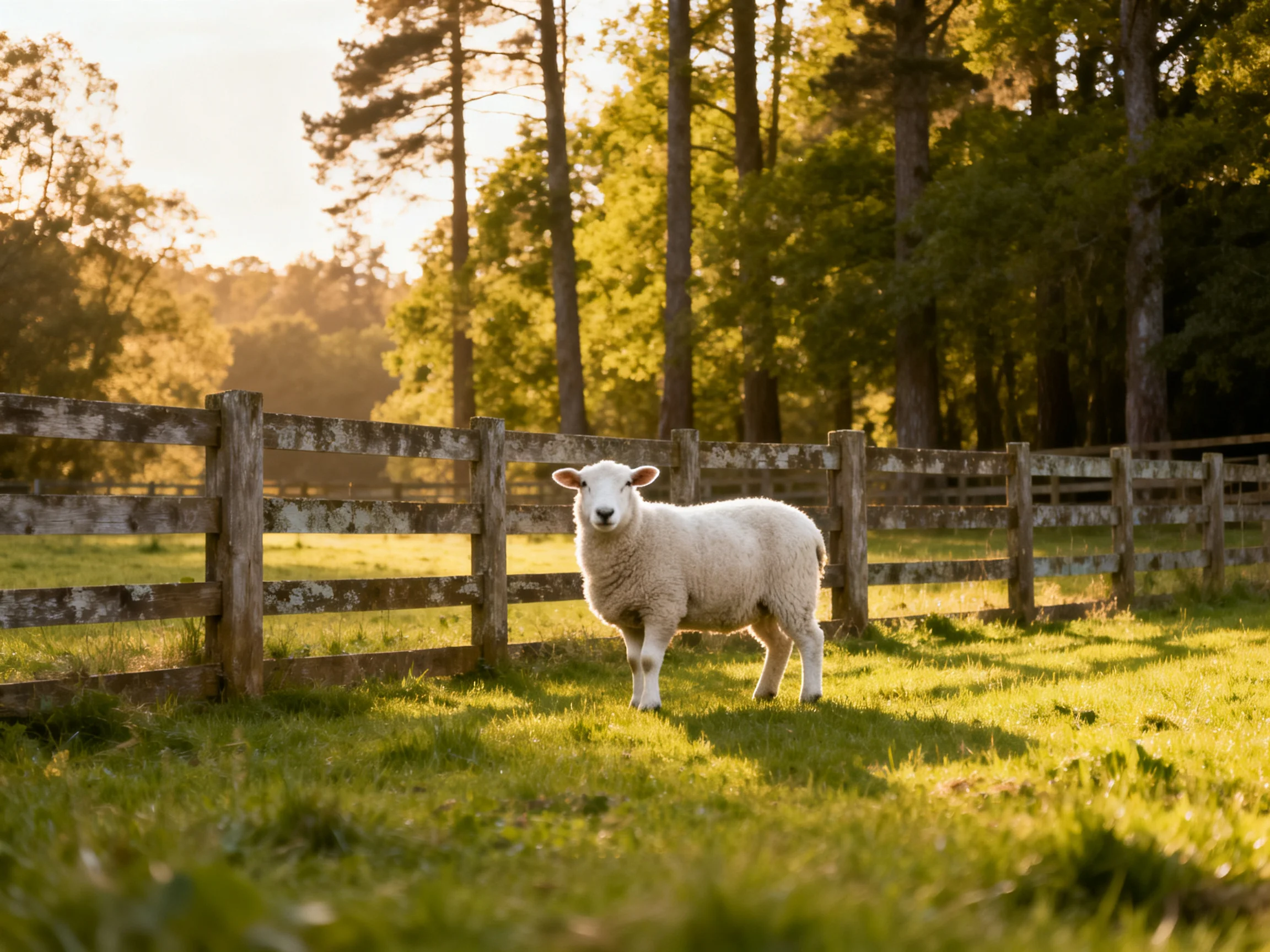 Fluffy white lamb near weathered wooden fence in sunlit meadow