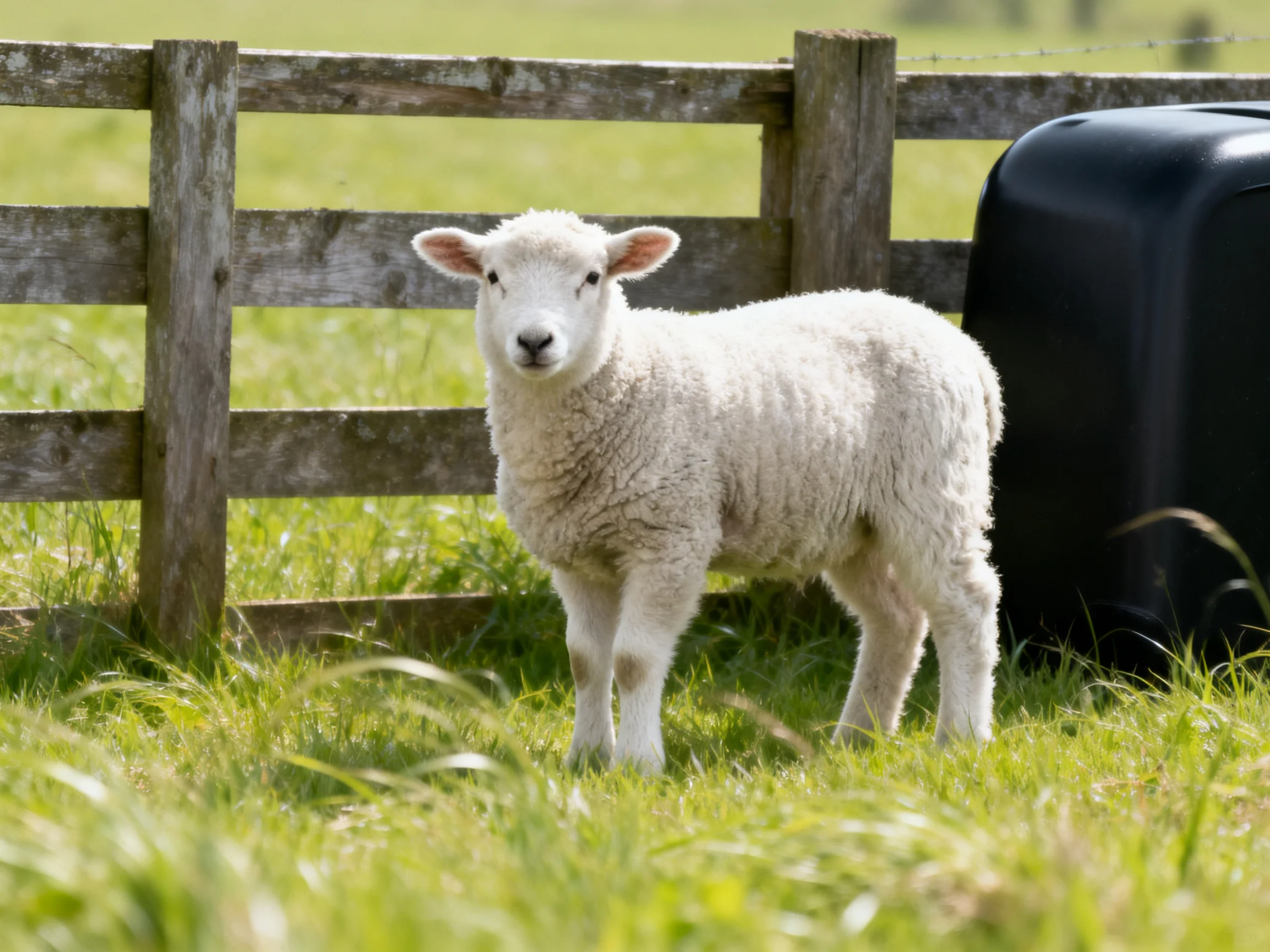 Fluffy white lamb near weathered wooden fence