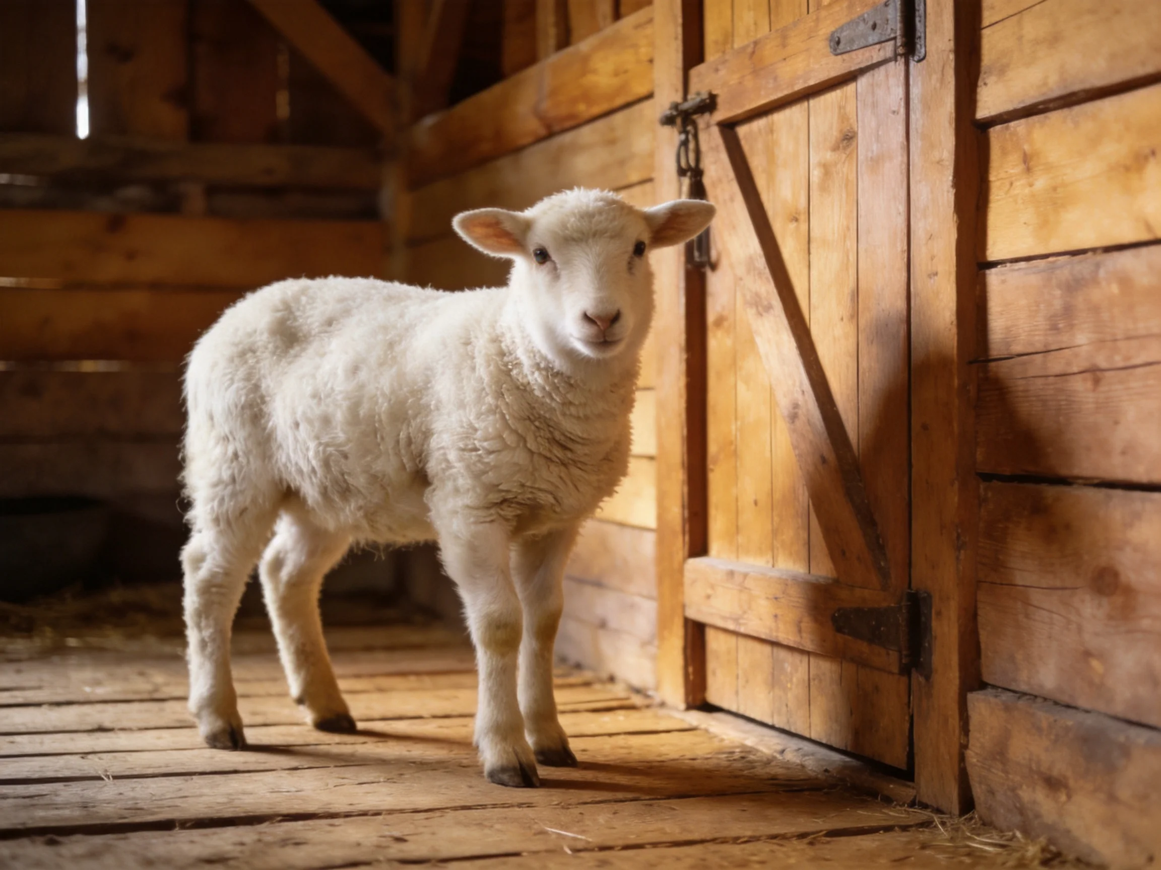 Fluffy white lamb near wooden barn door