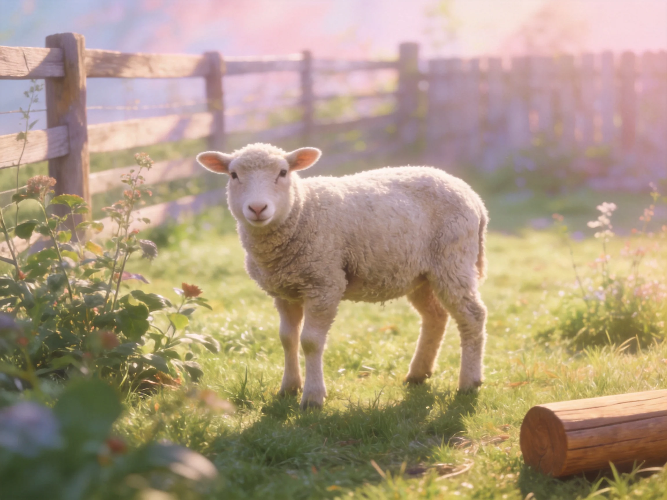 Fluffy white lamb near wooden fence in sunlit meadow