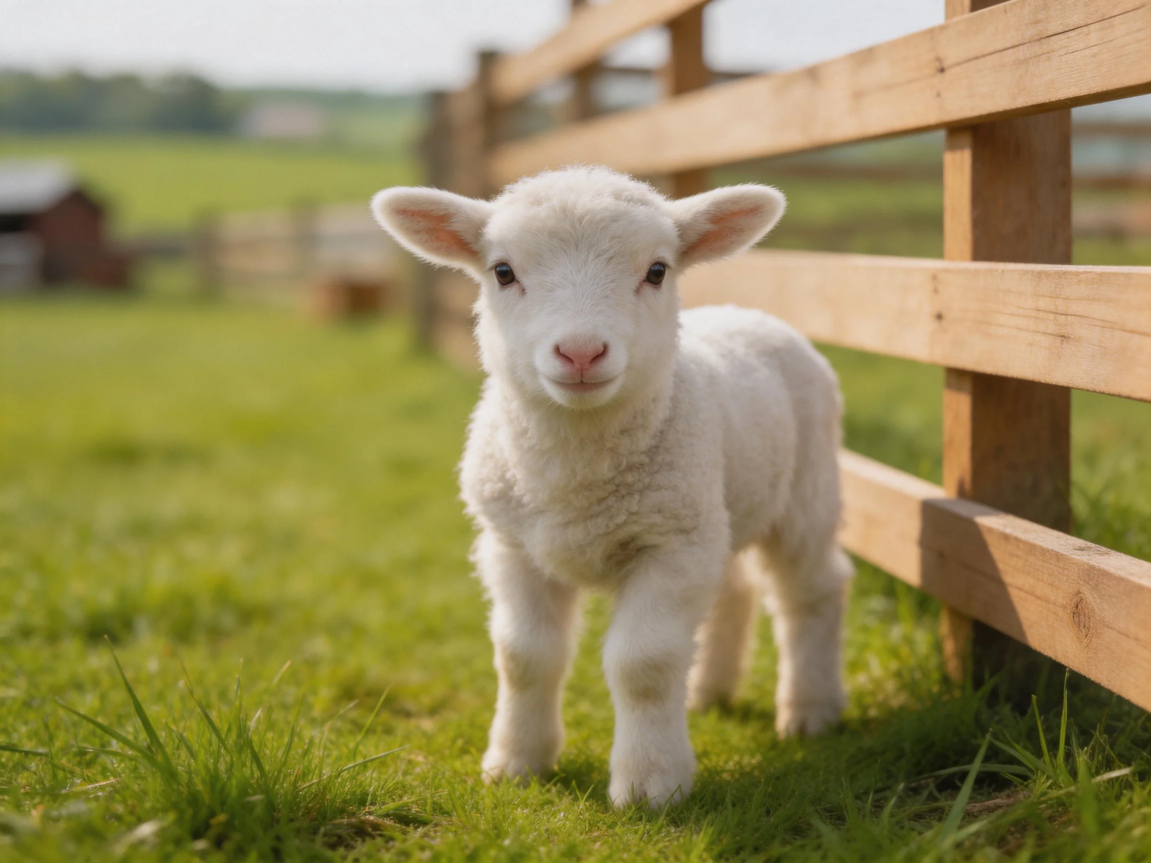 A young white lamb stands beside a wooden fence in a sunlit grassy field.