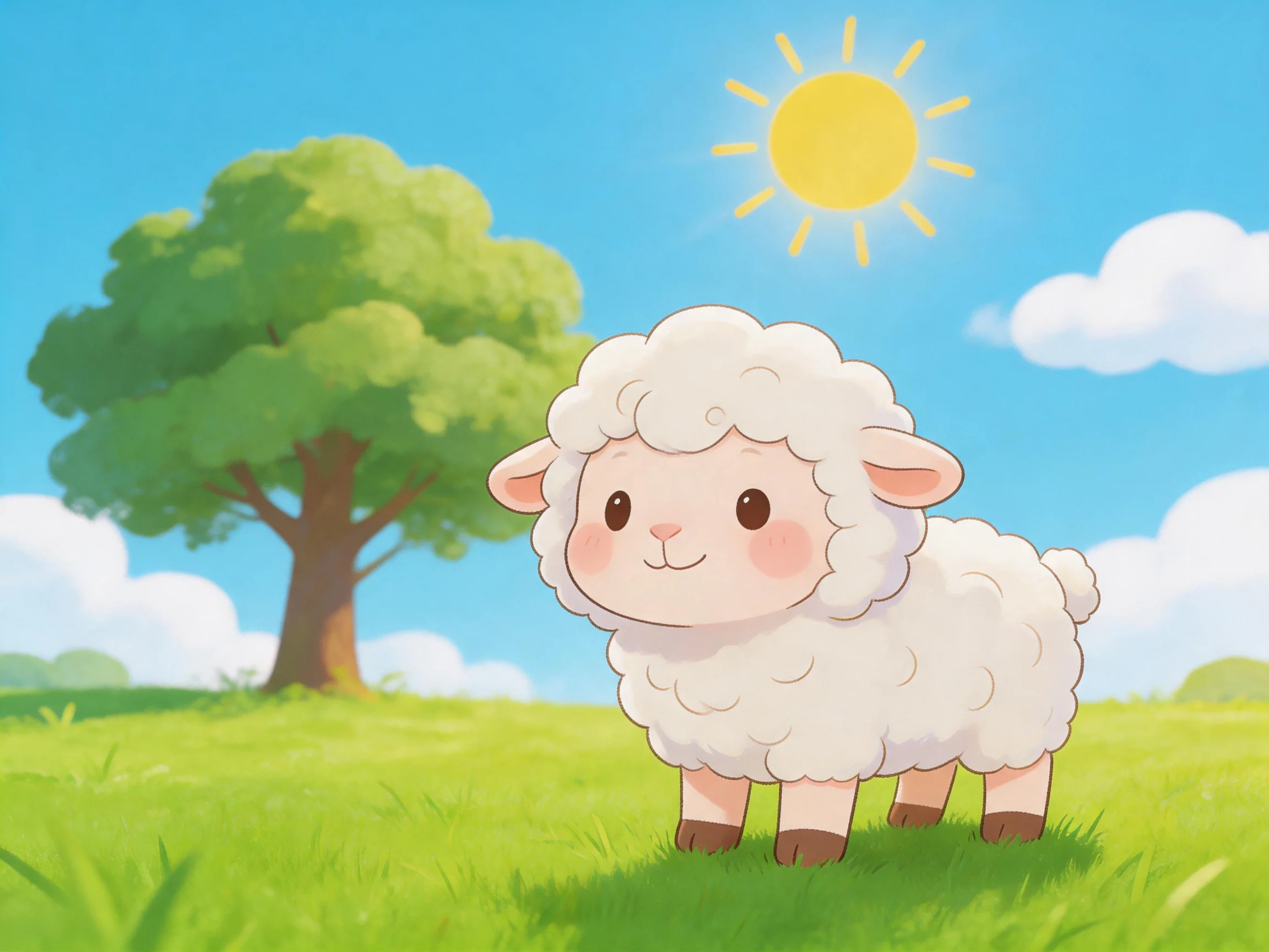 A cute white lamb stands in a sunny meadow with trees.