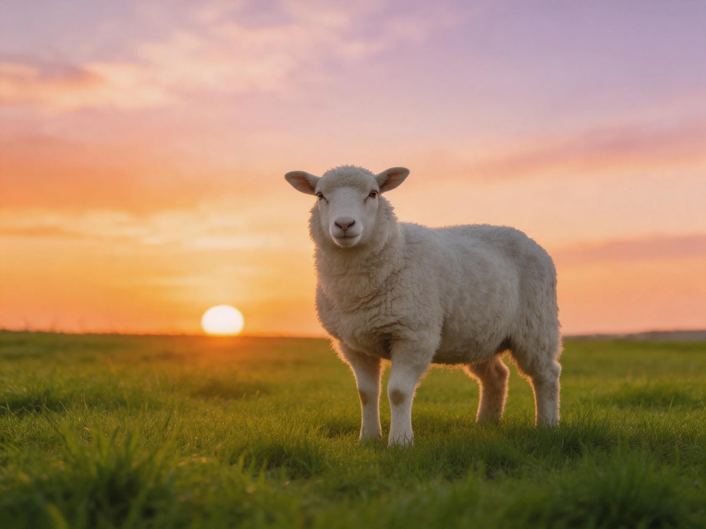Fluffy white lamb on lush green grass amid a vibrant sunset sky