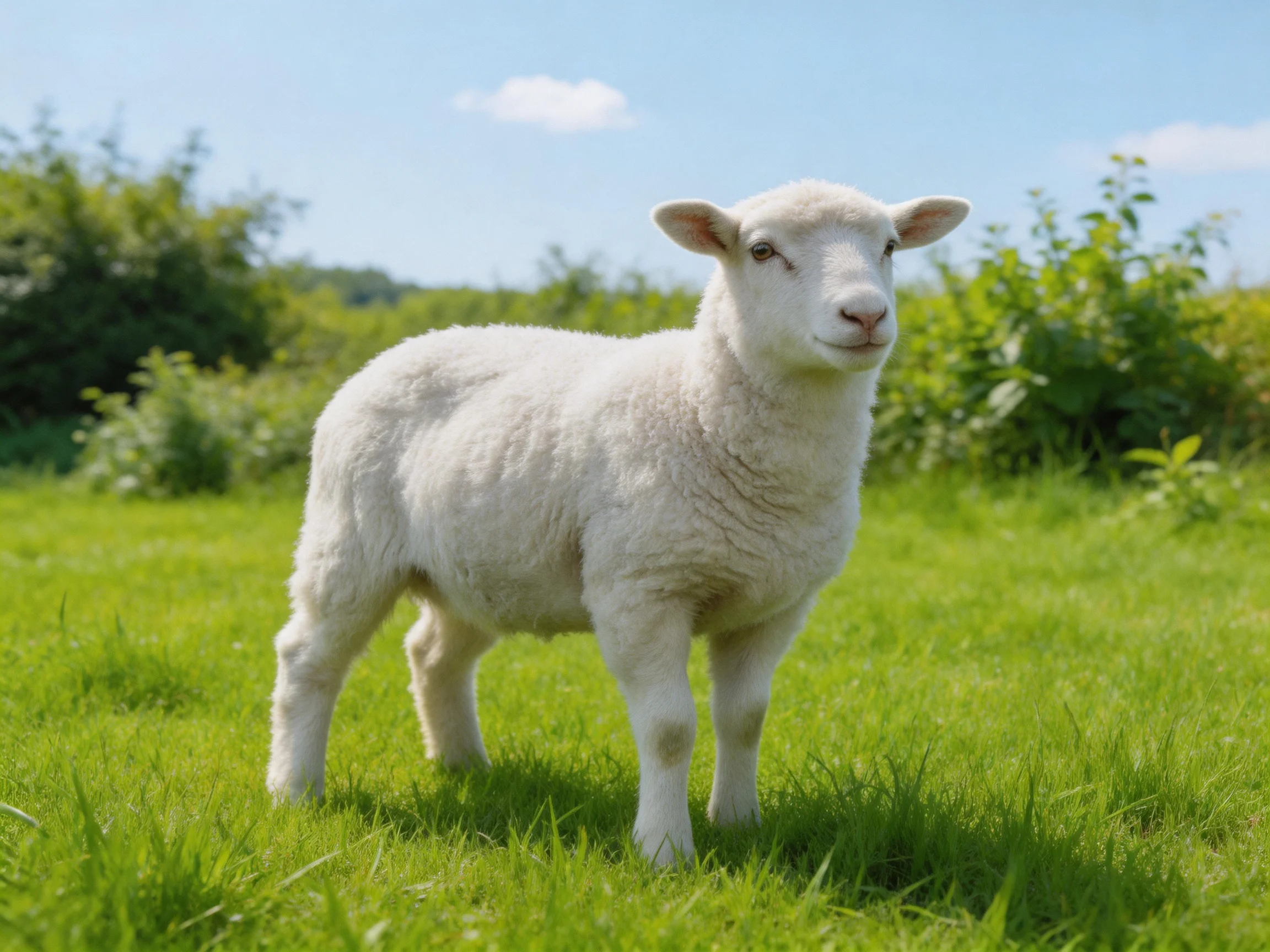 A young white lamb stands in a sunlit grassy area with greenery nearby.