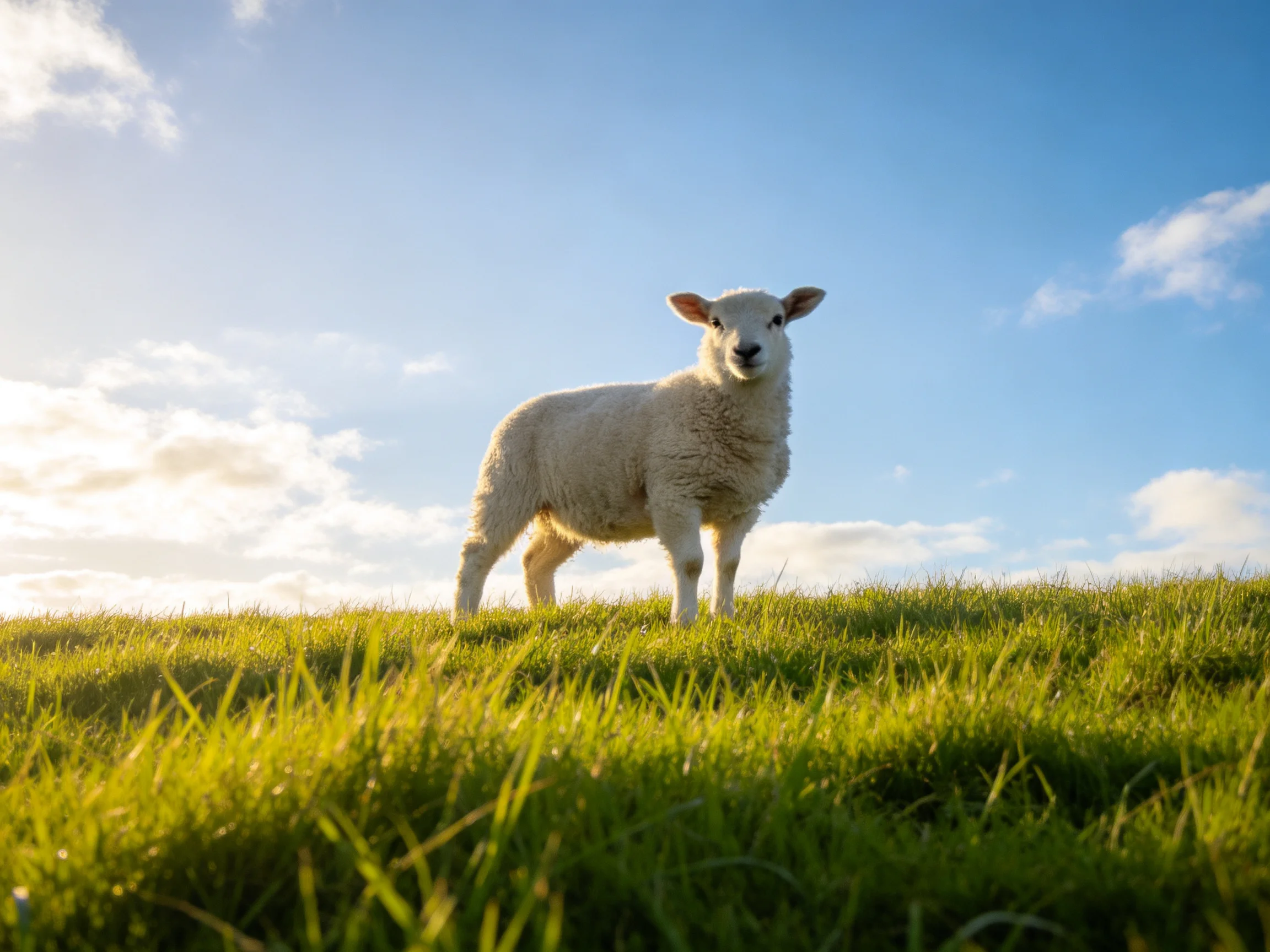 A young sheep stands on a grassy hill beneath a clear blue sky.
