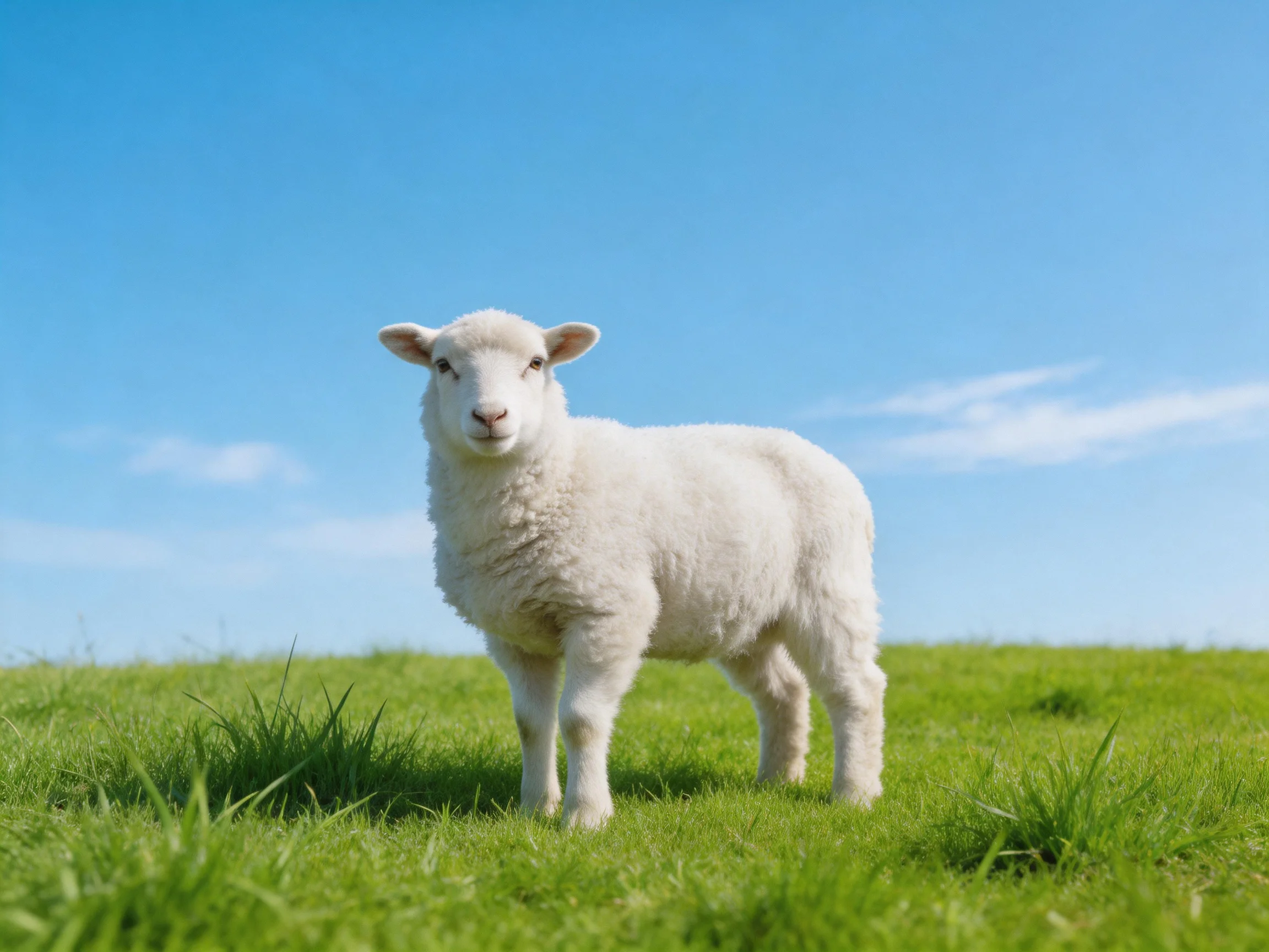A single white lamb stands on a green meadow beneath a clear blue sky.