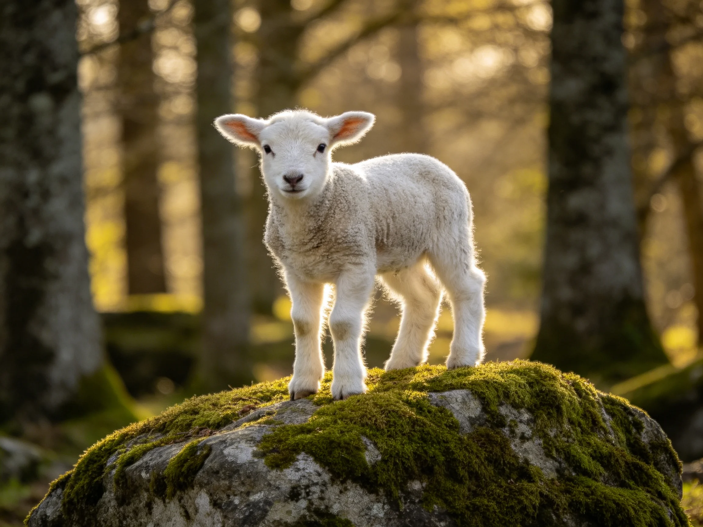 Fluffy white lamb on moss-covered rock in sunlit forest