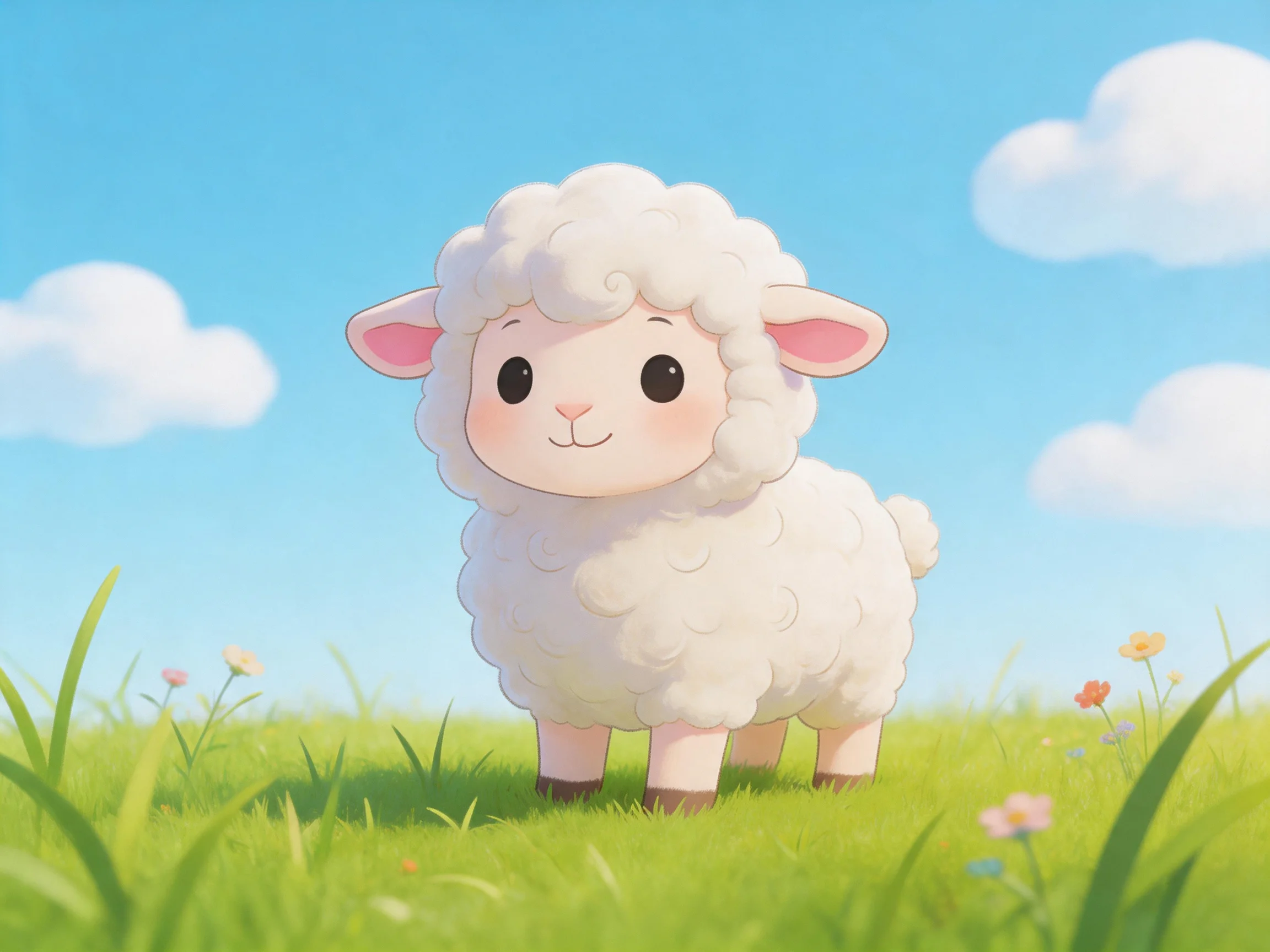 Fluffy white lamb on vibrant green grass under bright blue sky