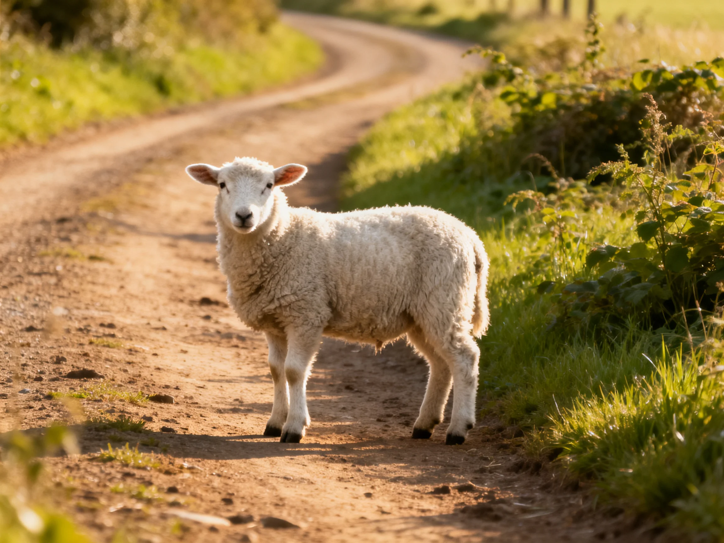 Fluffy white lamb on winding dirt path with green surroundings