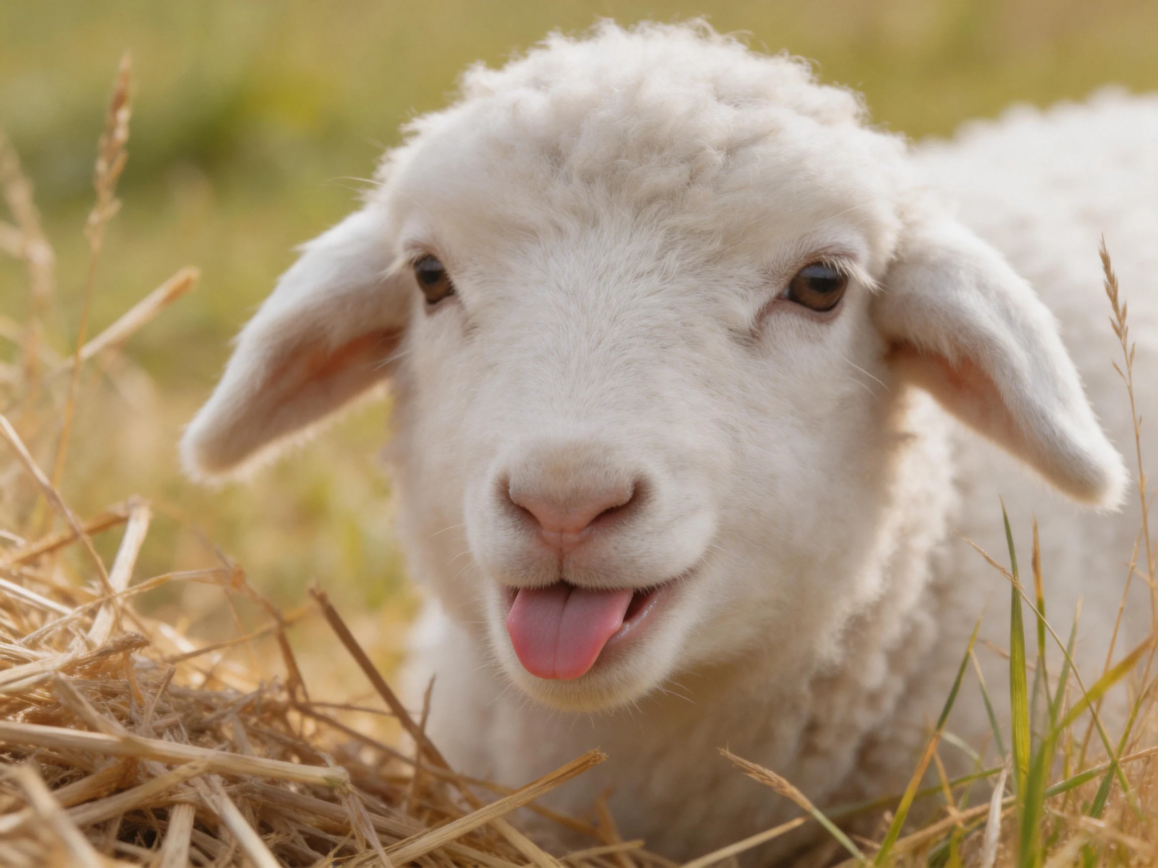 Fluffy white lamb resting amid golden straw and green grass