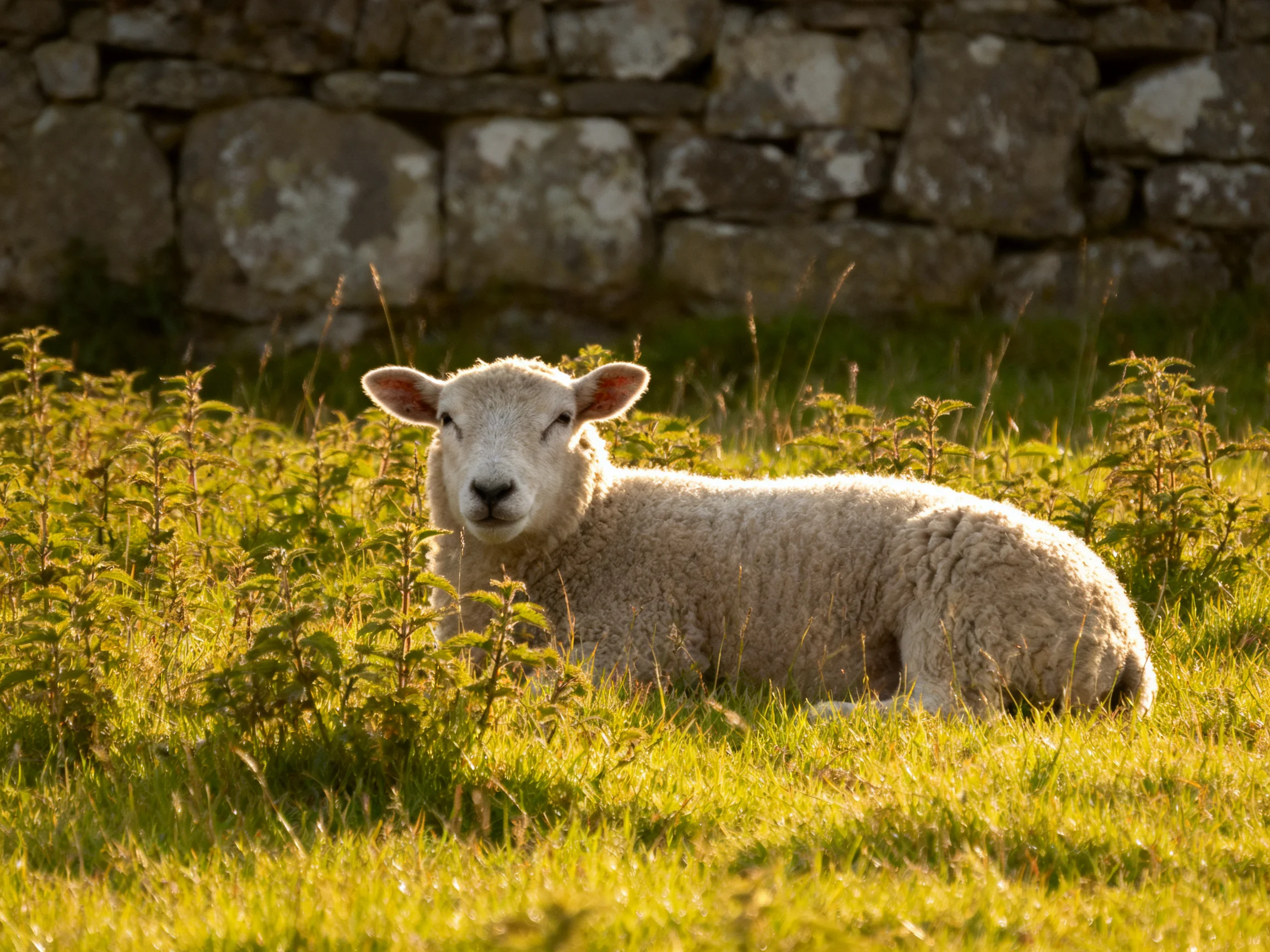 Fluffy white lamb resting among tall greenery by ancient stone wall