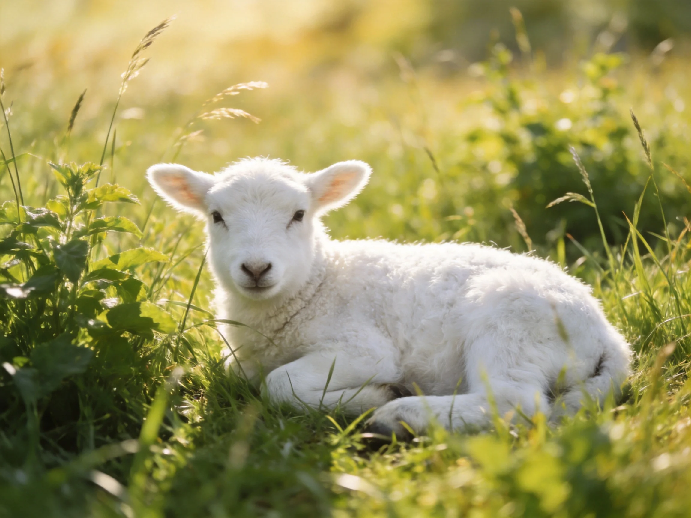 A small white lamb rests peacefully among tall green grasses in a sunlit field.