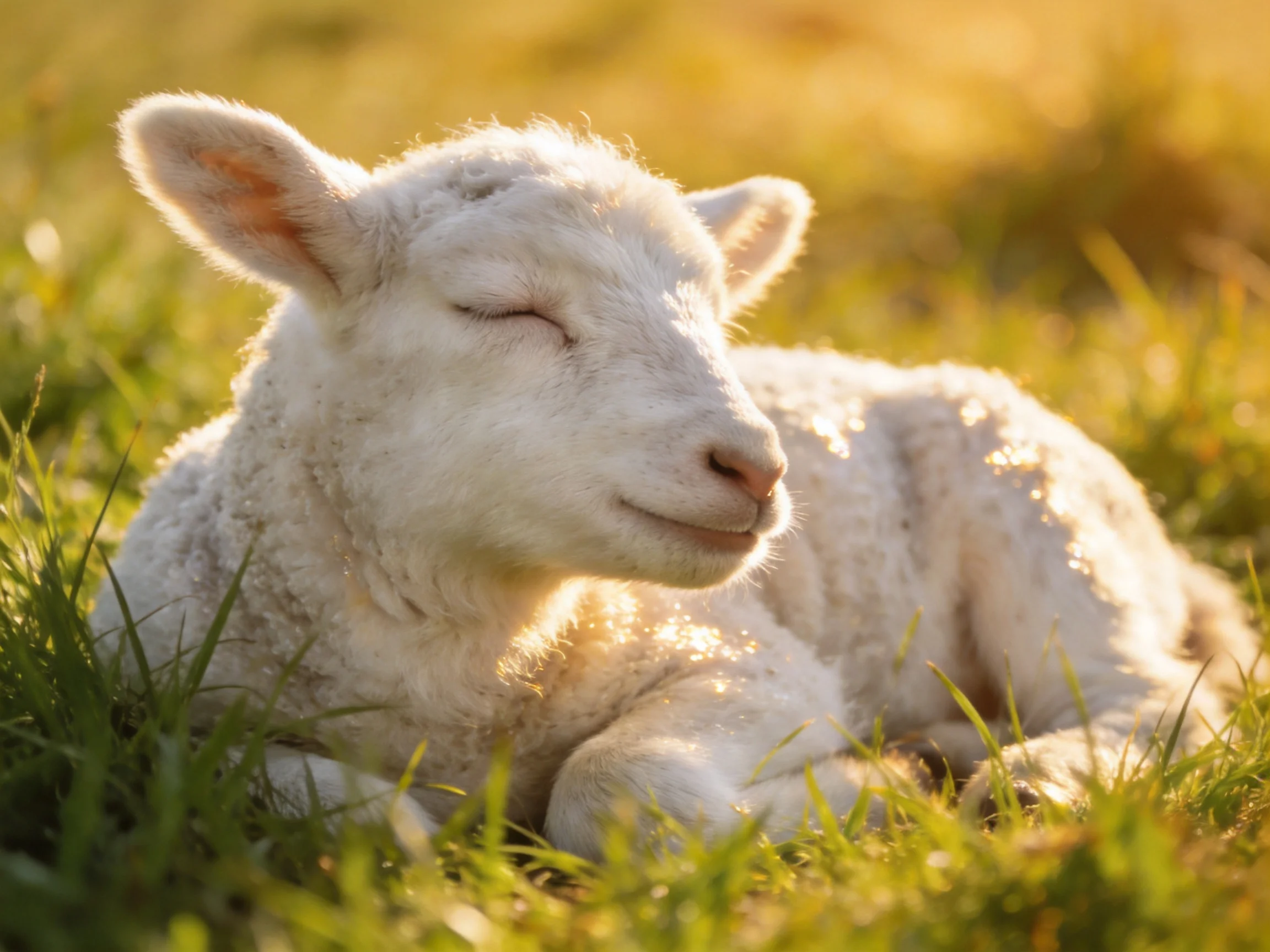 Fluffy white lamb resting in sunlit grass