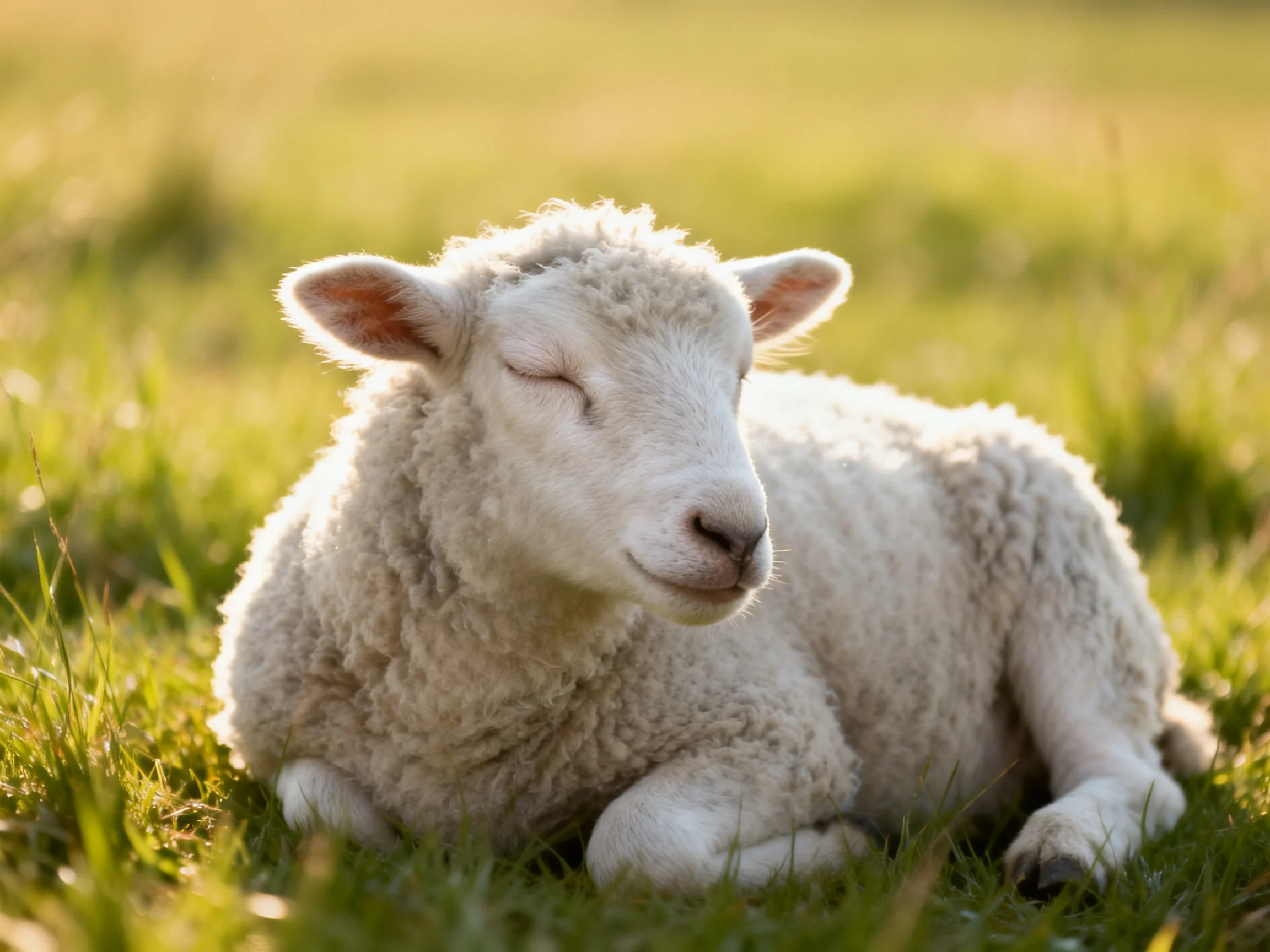 Fluffy white lamb resting in sunlit green meadow