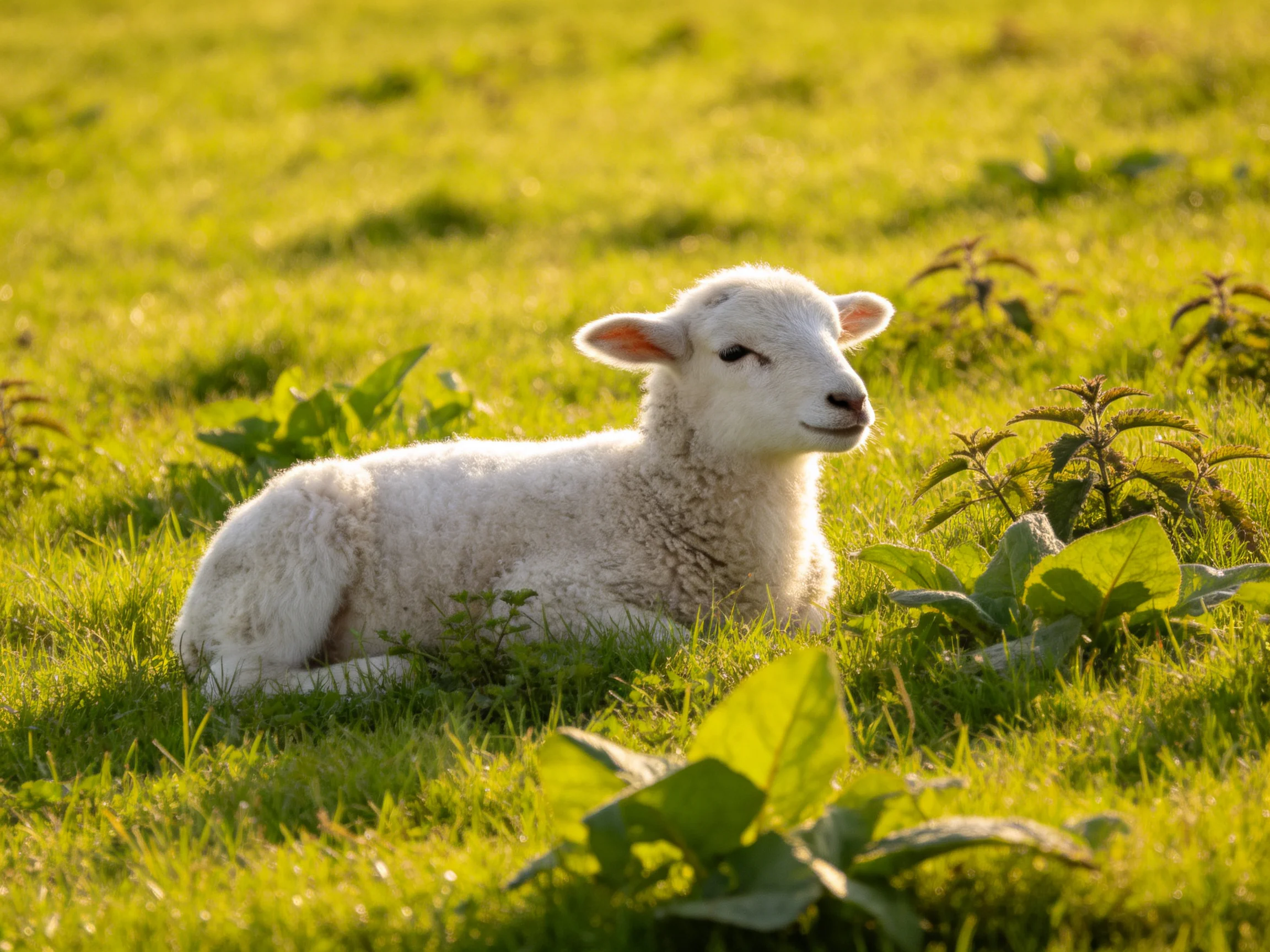 Fluffy white lamb resting in sunlit green meadow