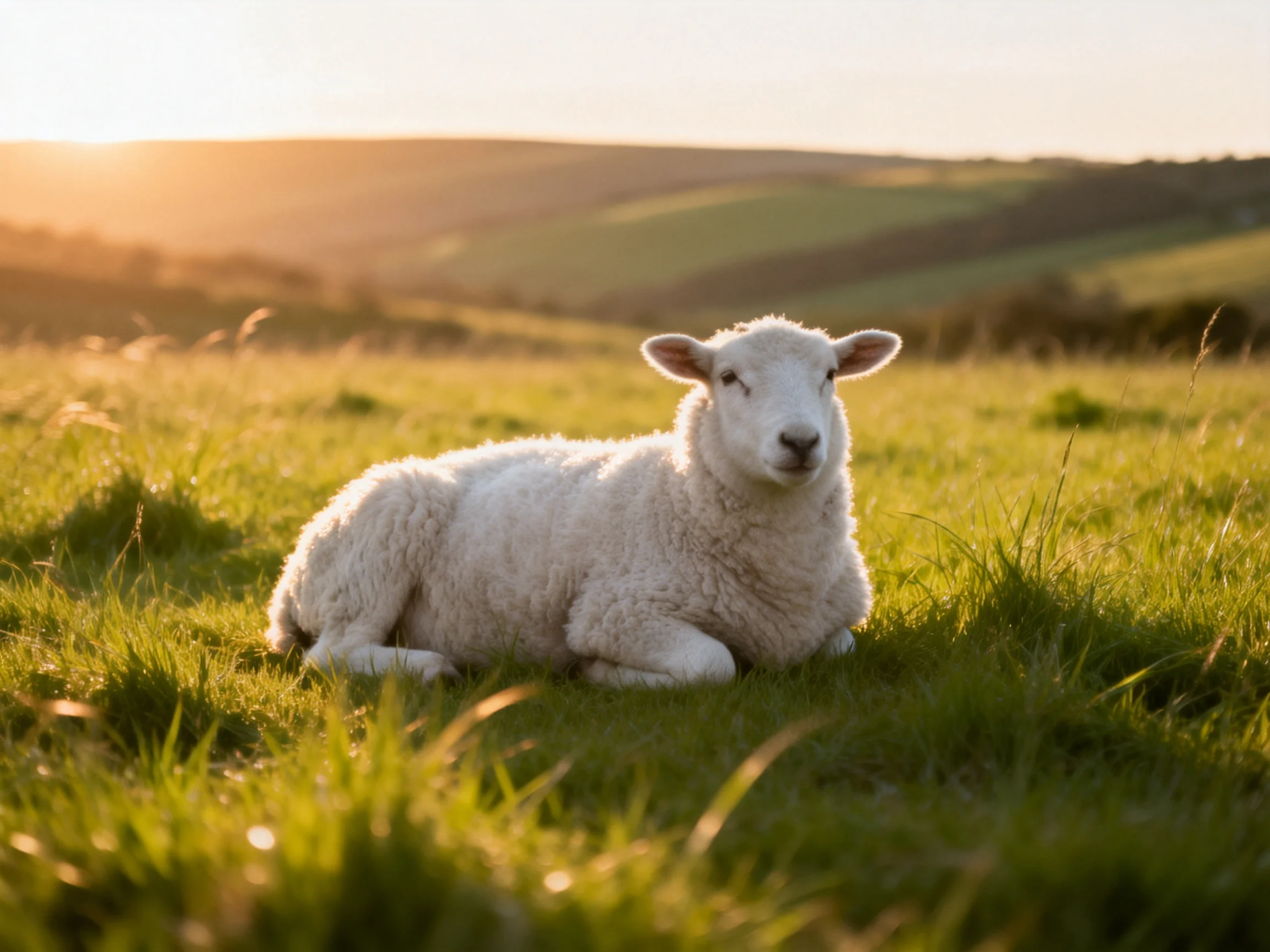 Fluffy white lamb resting in sunlit green pasture