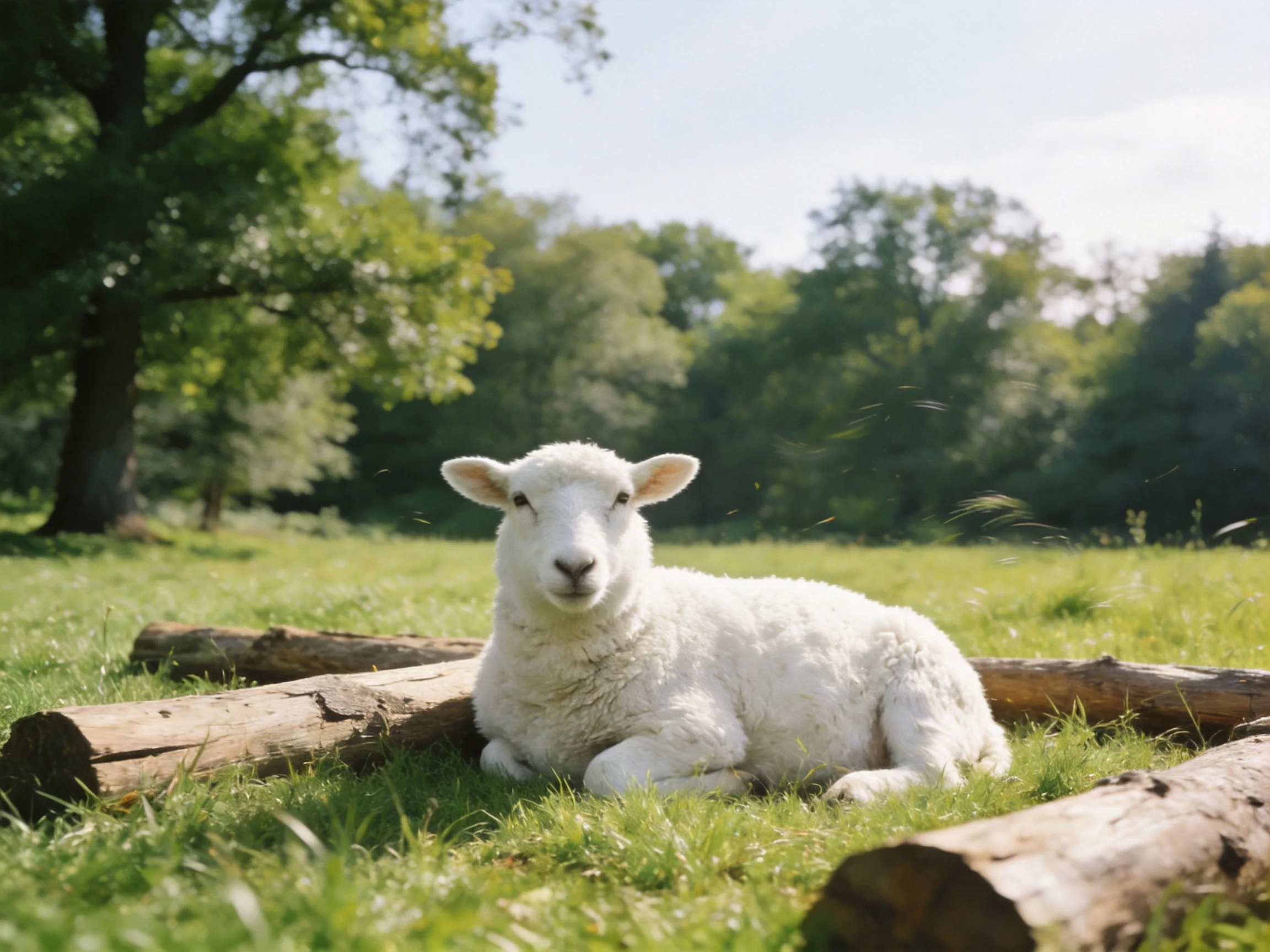Fluffy white lamb resting near logs in sunlit grassy field