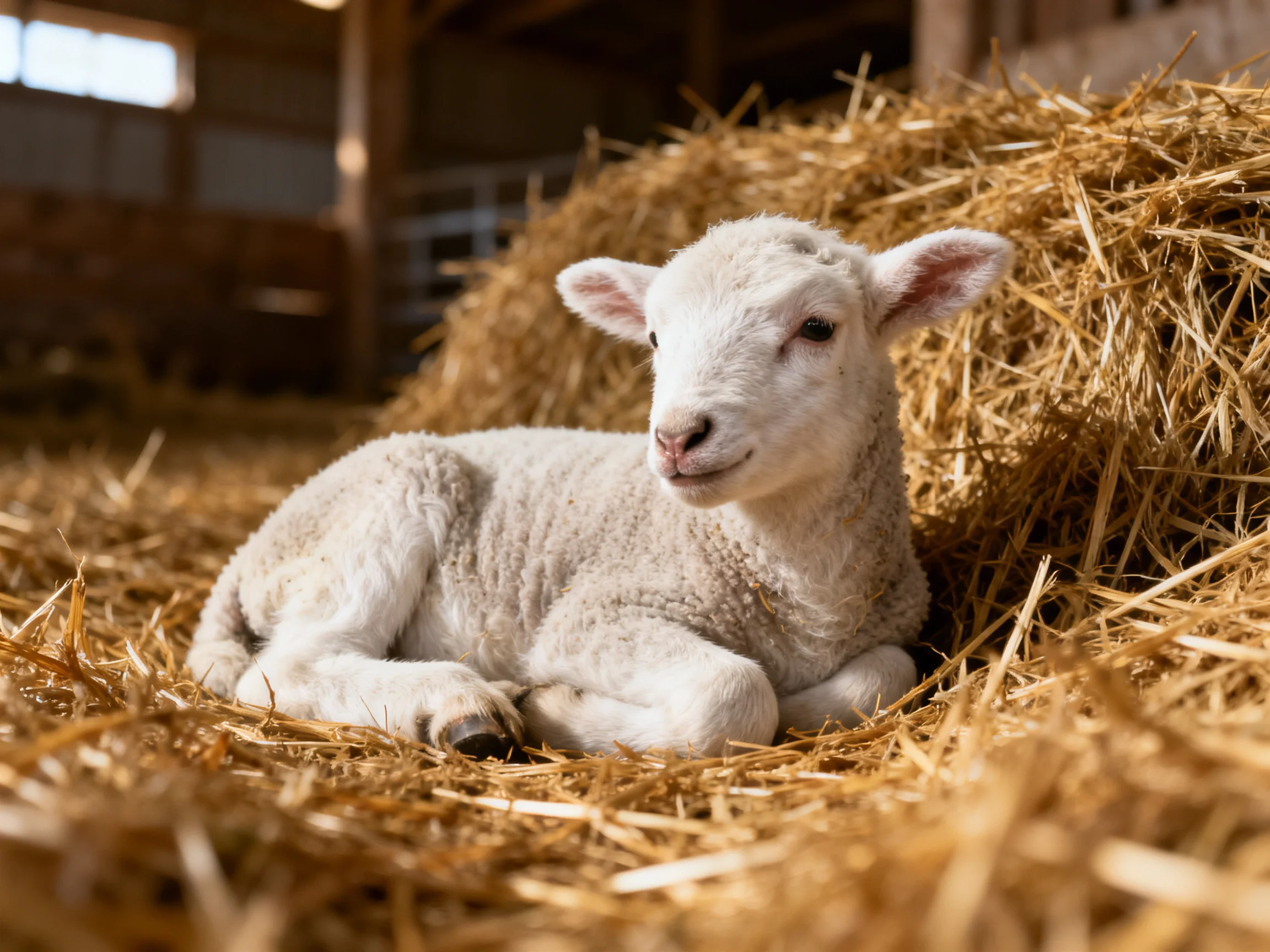 Fluffy white lamb resting on golden straw bales in a barn