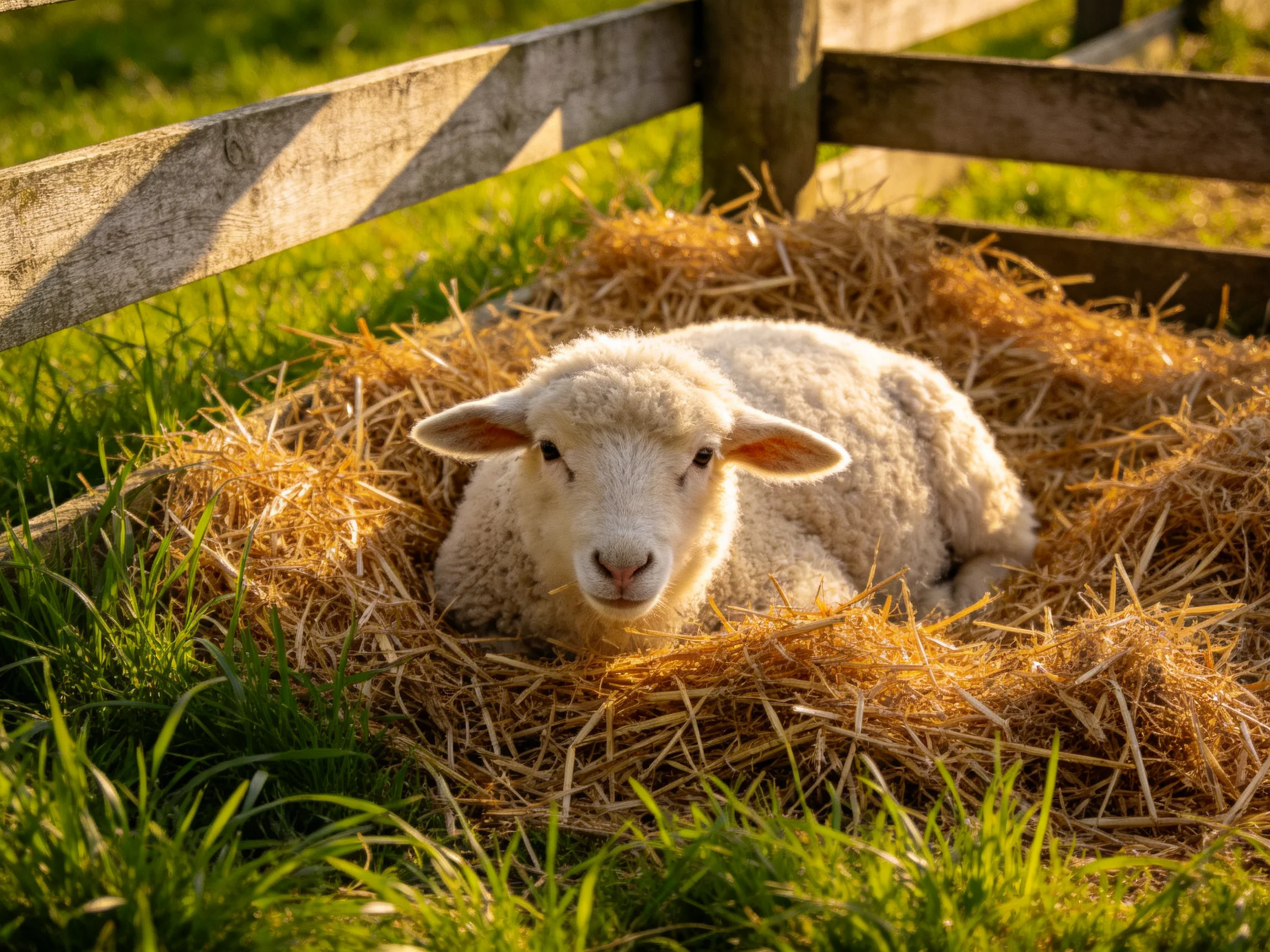 Fluffy white lamb resting on golden straw near wooden fence