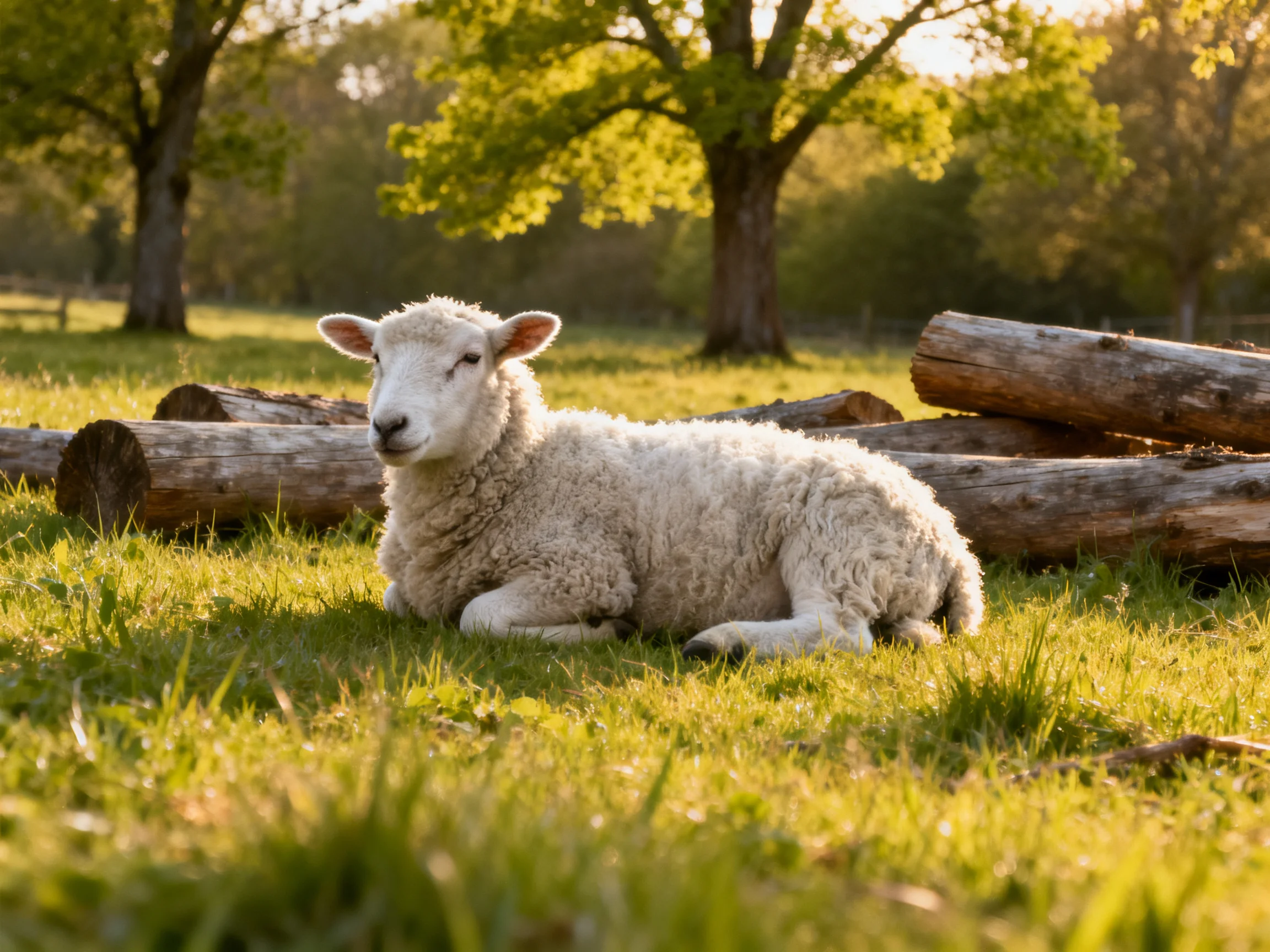 Fluffy white lamb rests near stacked logs in sunlit meadow