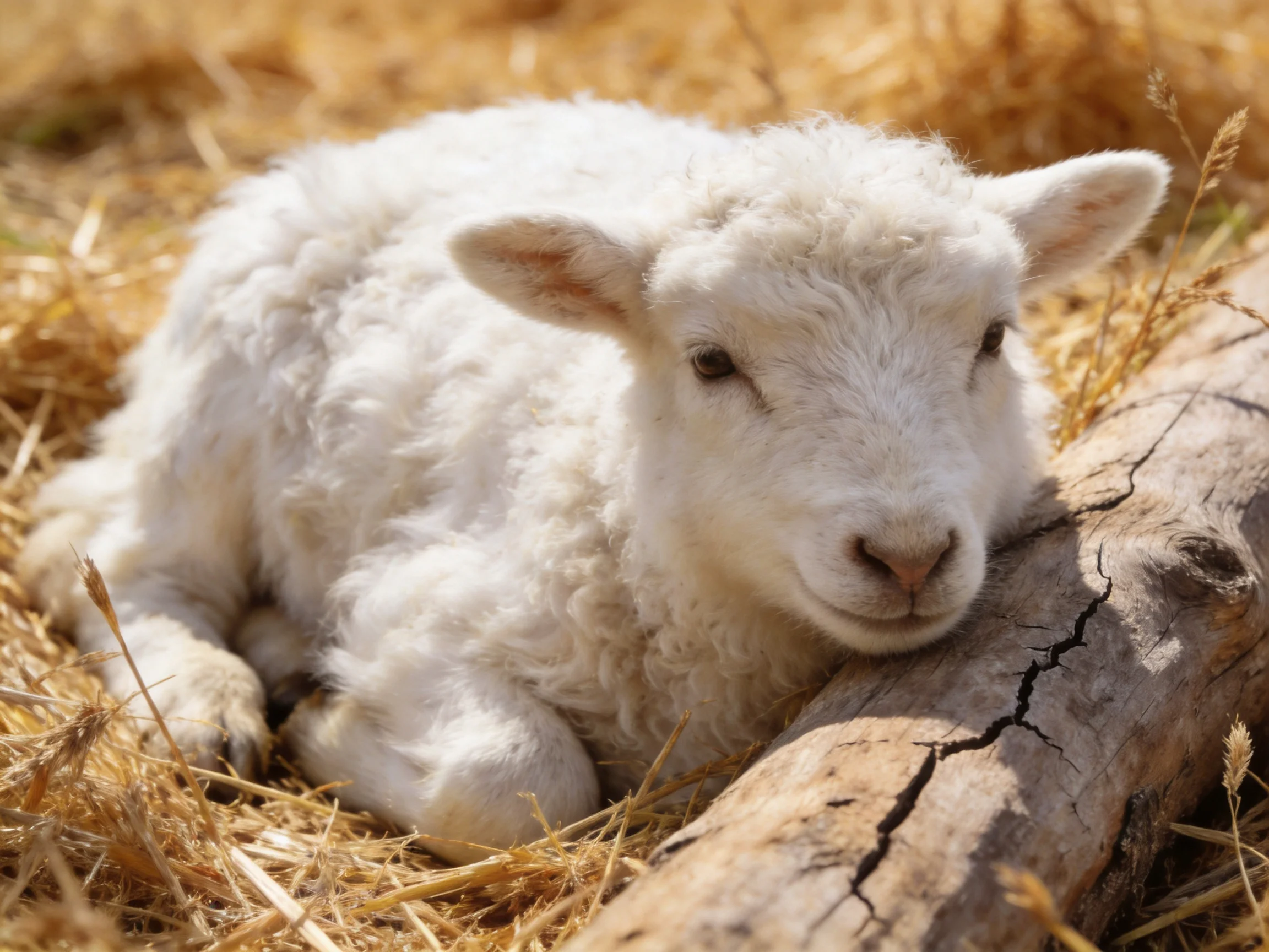 A fluffy white lamb relaxes beside a cracked wooden log in golden straw.